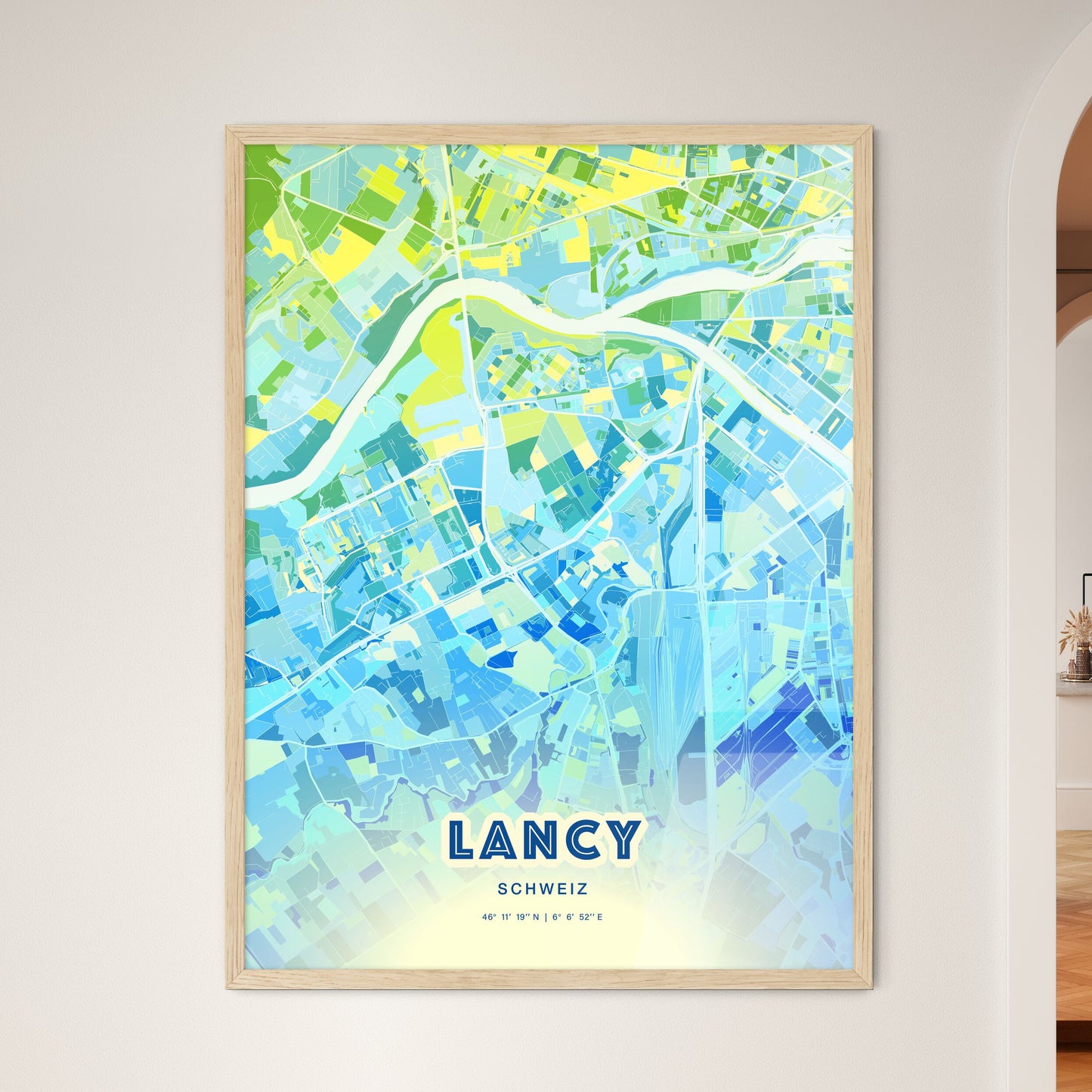 Colorful LANCY SWITZERLAND Fine Art Map Cool Blue