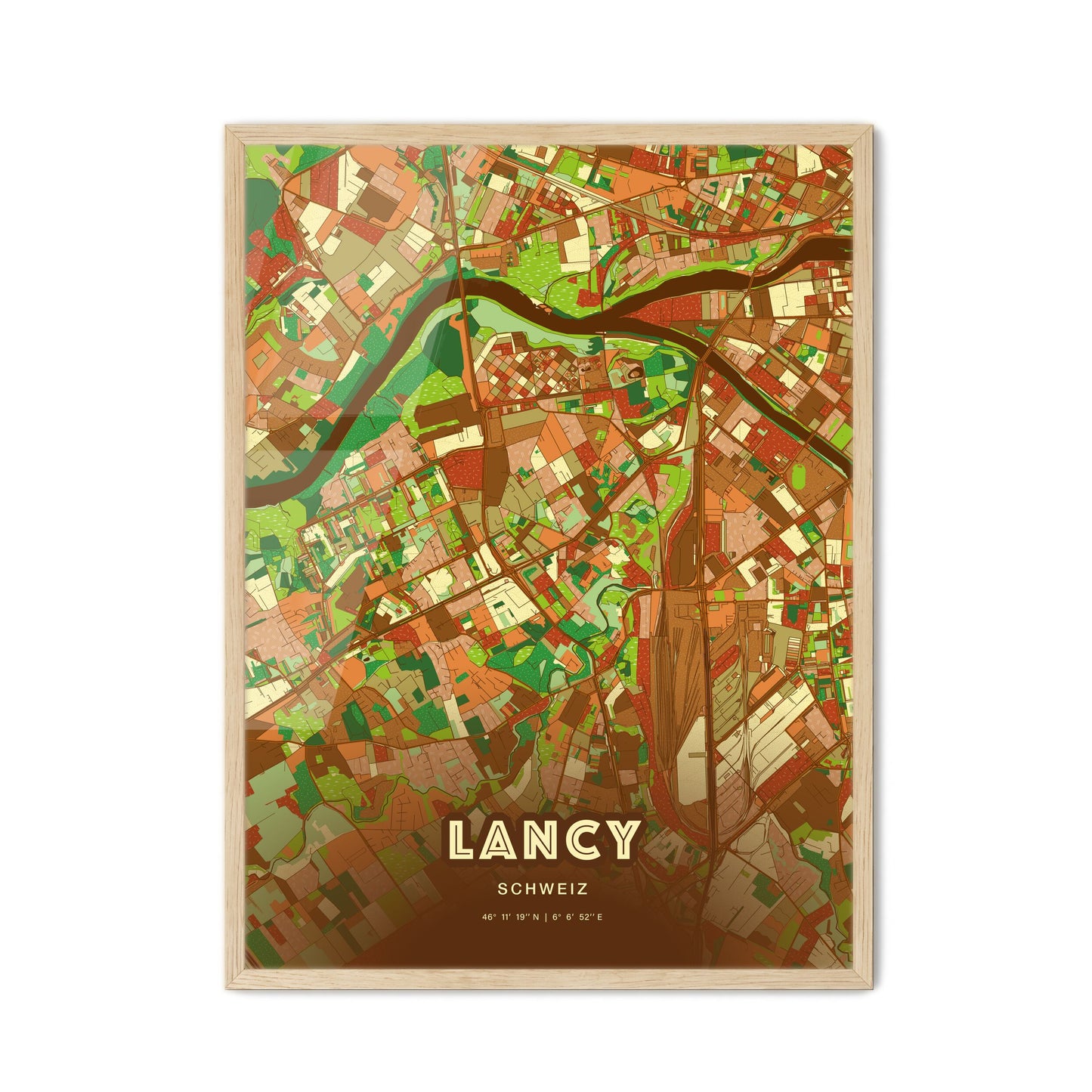 Colorful LANCY SWITZERLAND Fine Art Map Farmhouse