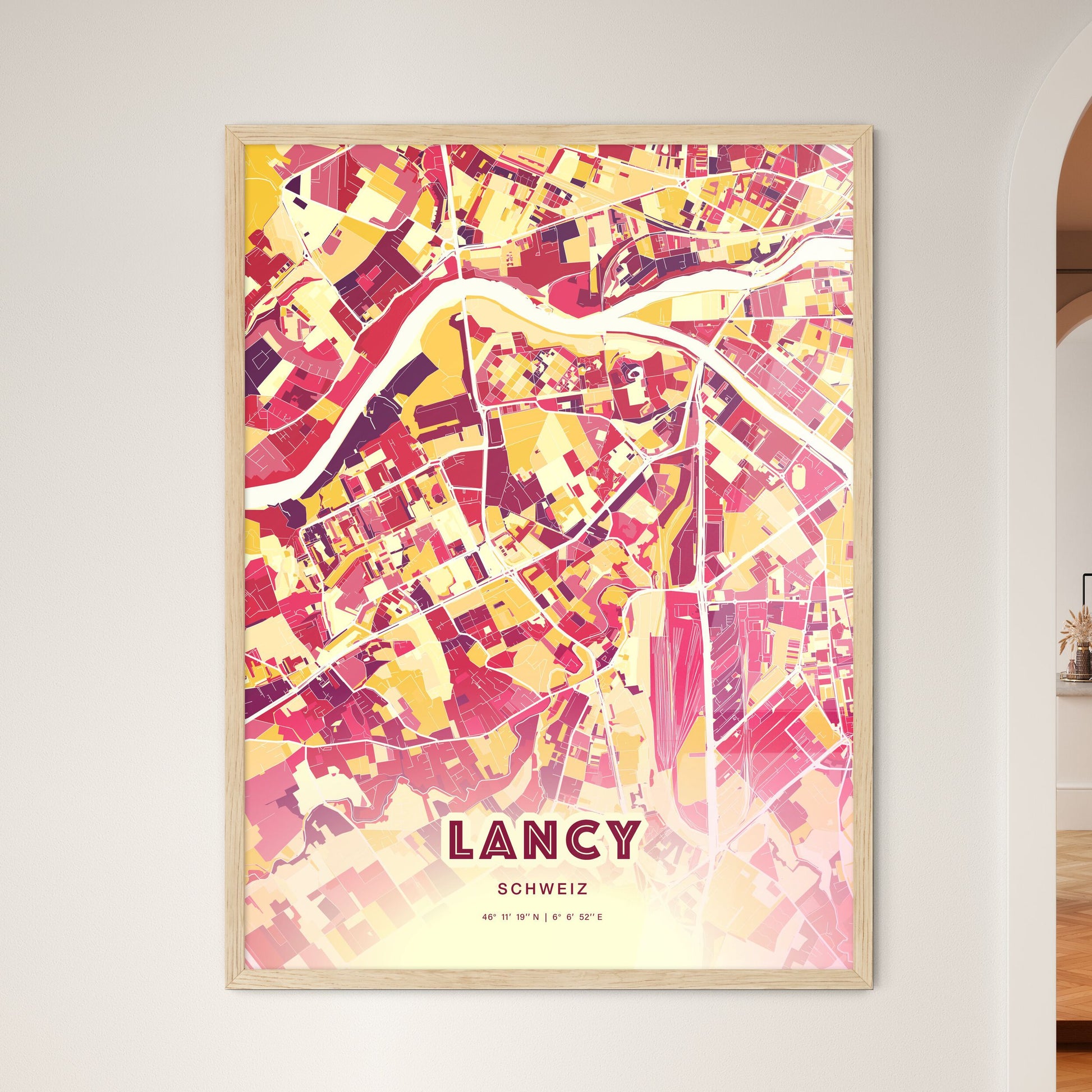 Colorful LANCY SWITZERLAND Fine Art Map Hot Red