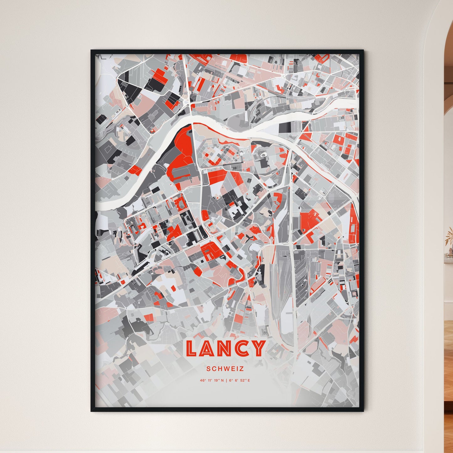 Colorful LANCY SWITZERLAND Fine Art Map Modern