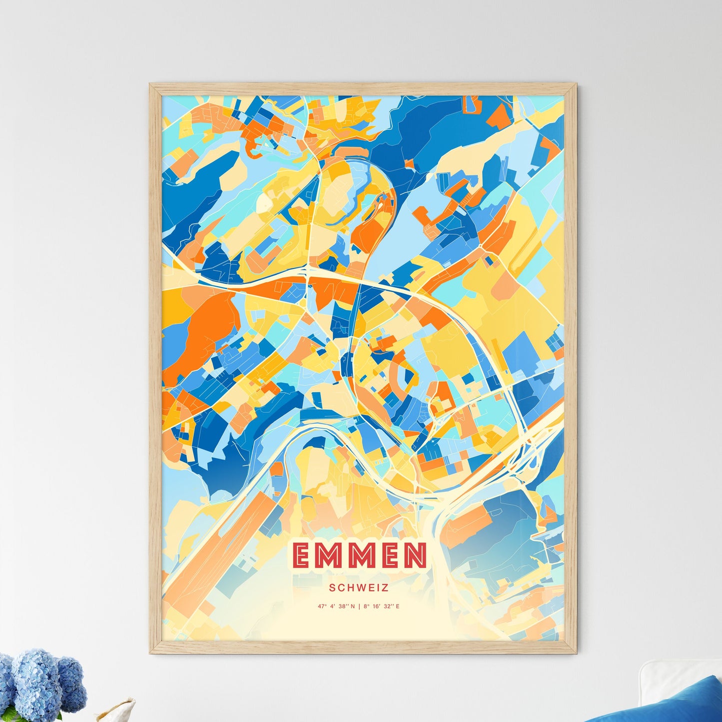 Colorful EMMEN SWITZERLAND Fine Art Map Blue Orange