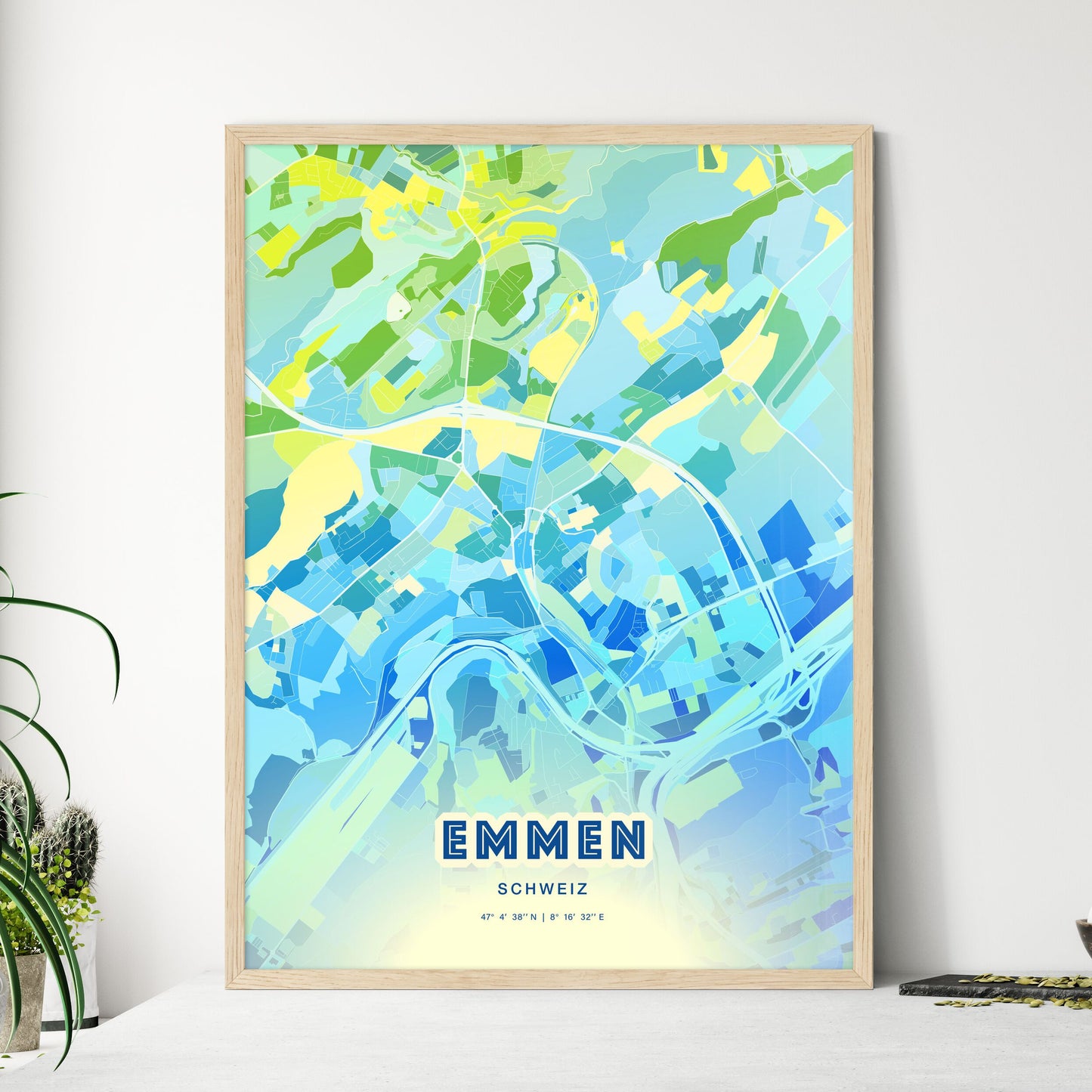 Colorful EMMEN SWITZERLAND Fine Art Map Cool Blue