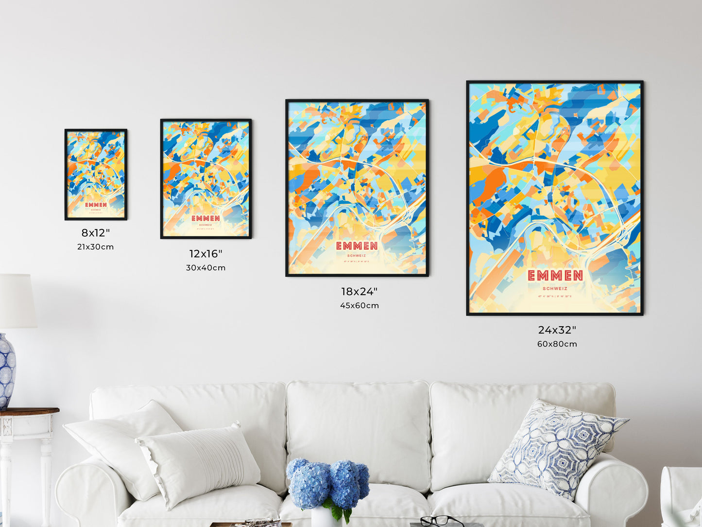 Colorful EMMEN SWITZERLAND Fine Art Map Blue Orange