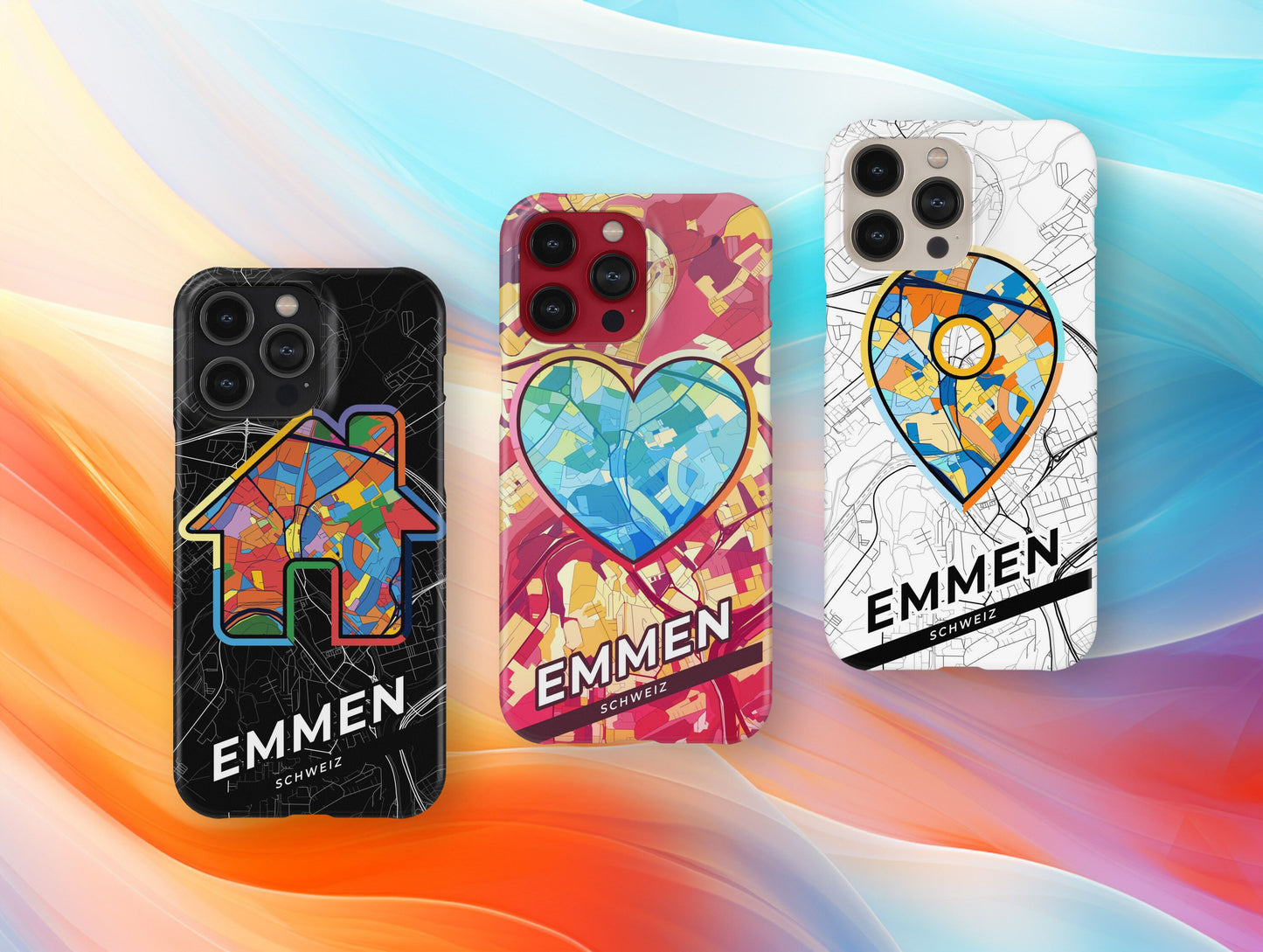 Emmen Switzerland slim phone case with colorful icon. Birthday, wedding or housewarming gift. Couple match cases.