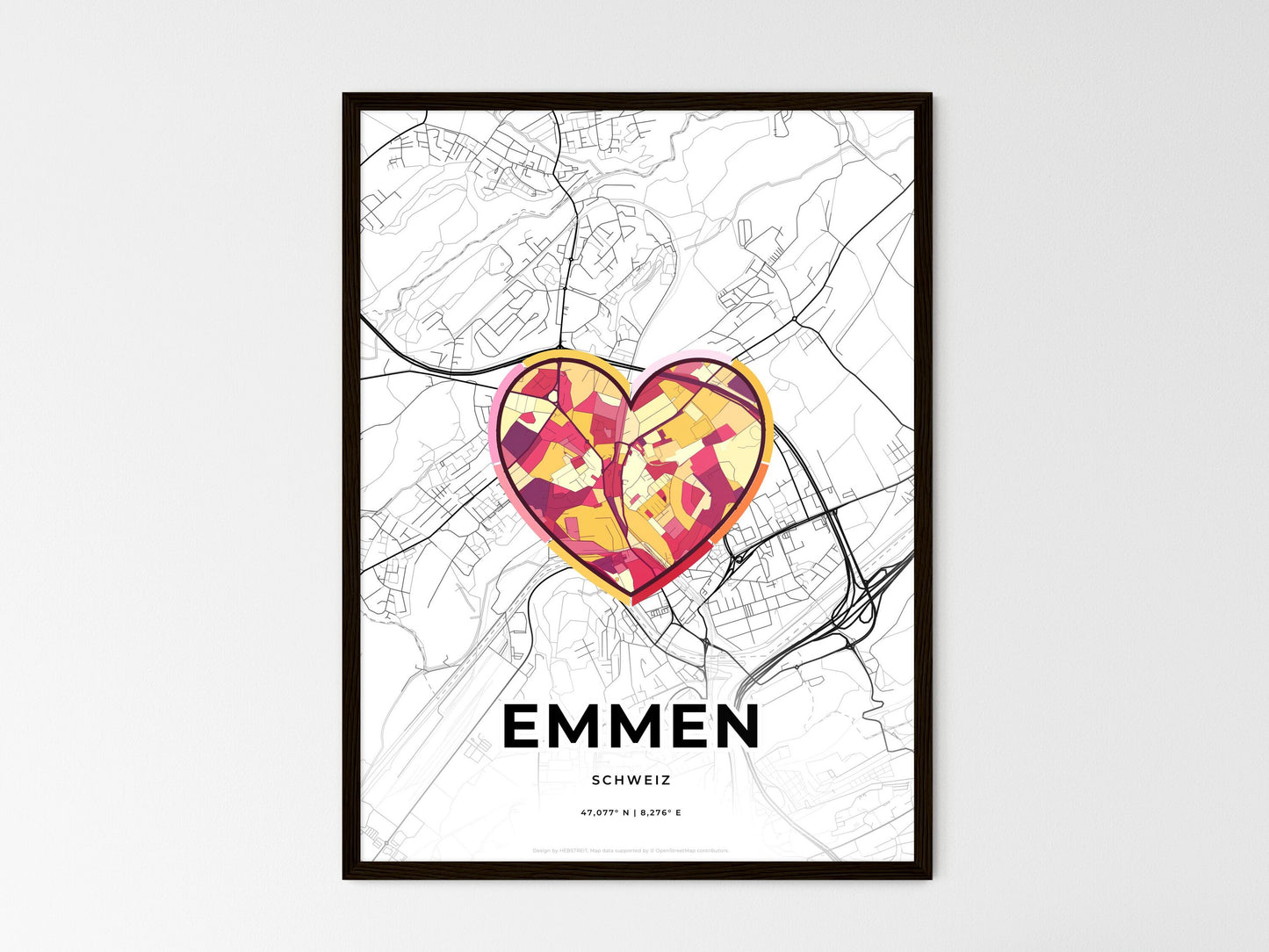 Emmen Switzerland wedding art map with heart icon