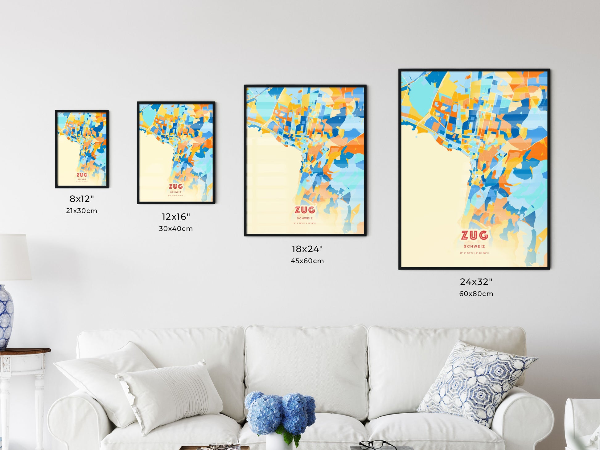 Colorful ZUG SWITZERLAND Fine Art Map Blue Orange