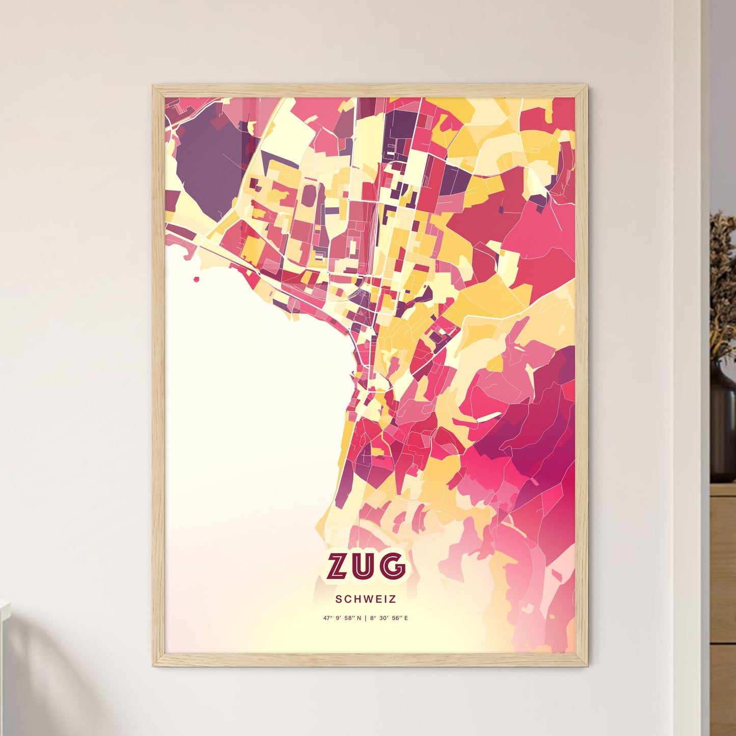 Colorful ZUG SWITZERLAND Fine Art Map Hot Red