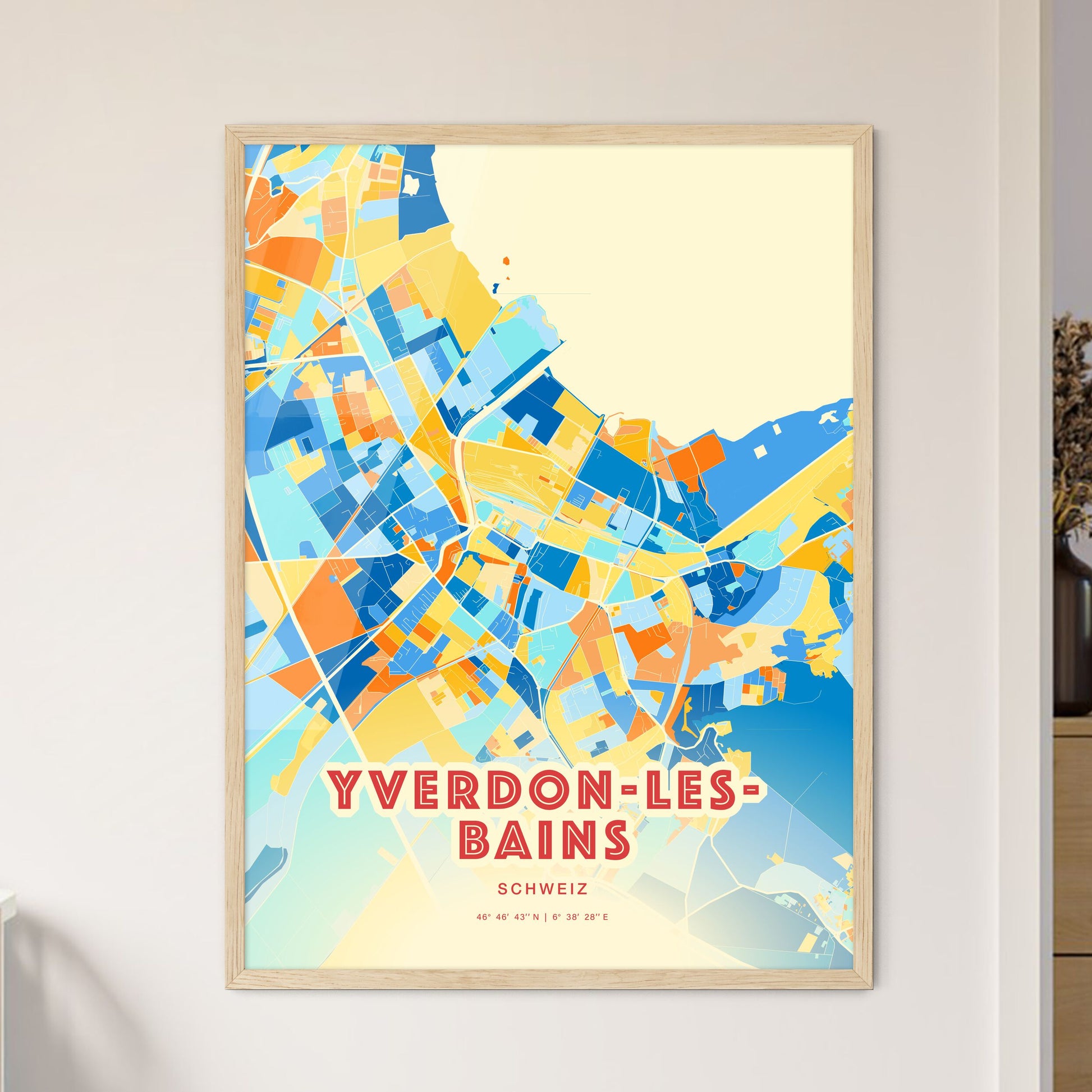 Colorful YVERDON-LES-BAINS SWITZERLAND Fine Art Map Blue Orange