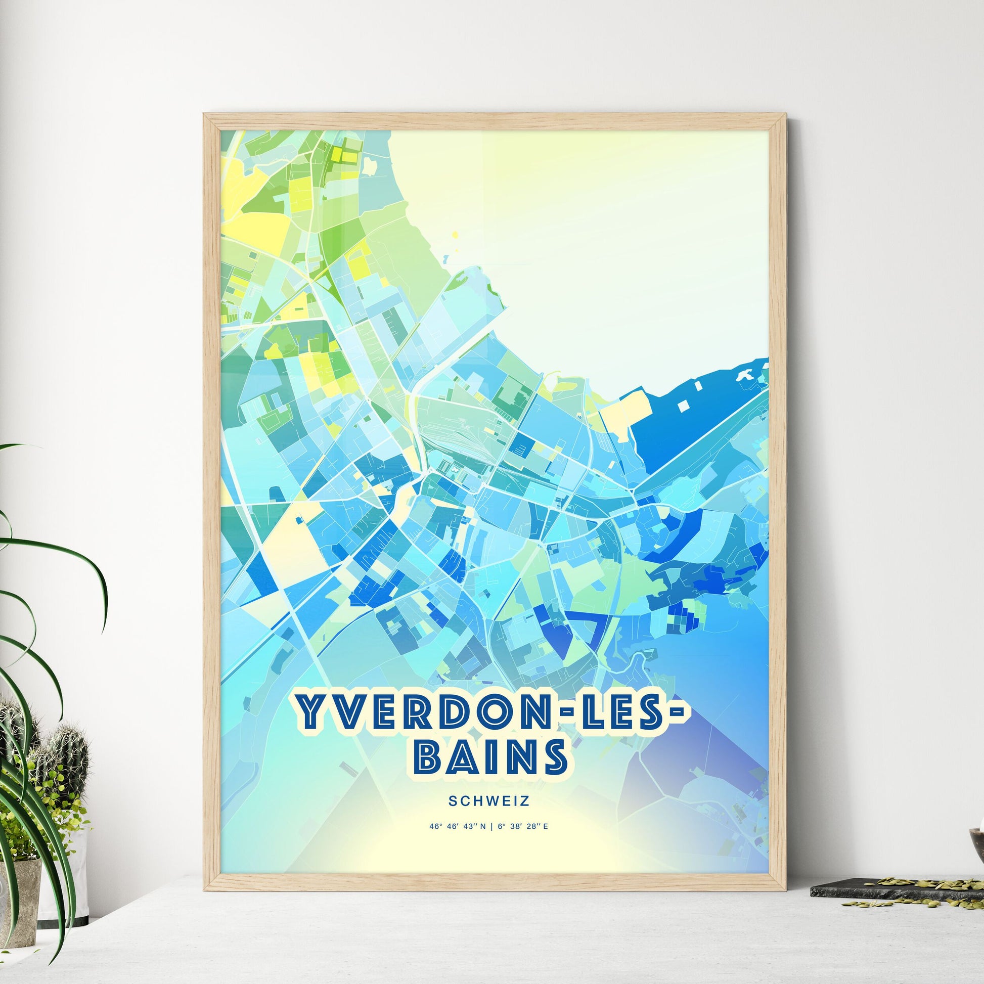 Colorful YVERDON-LES-BAINS SWITZERLAND Fine Art Map Cool Blue