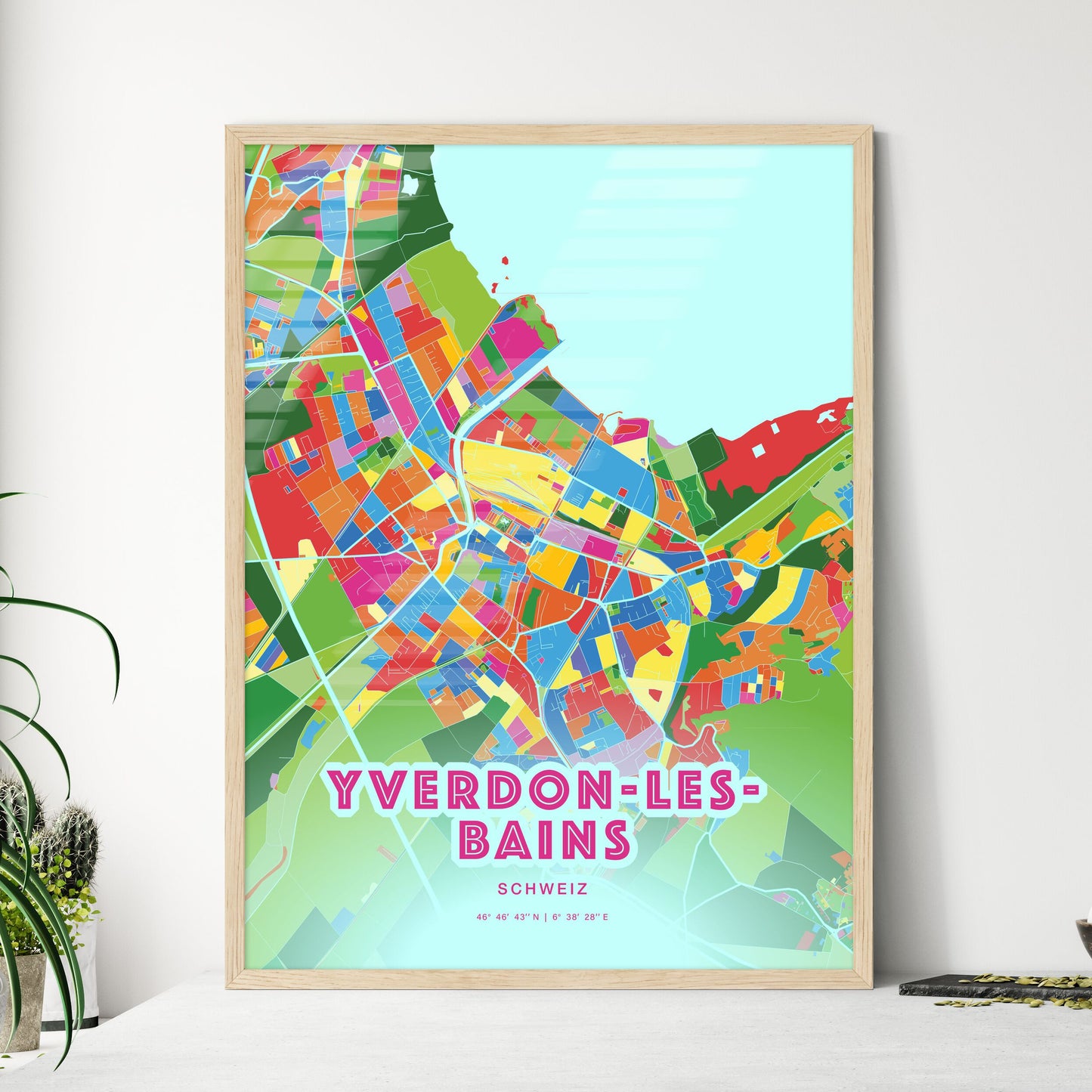 Colorful YVERDON-LES-BAINS SWITZERLAND Fine Art Map Crazy Colors