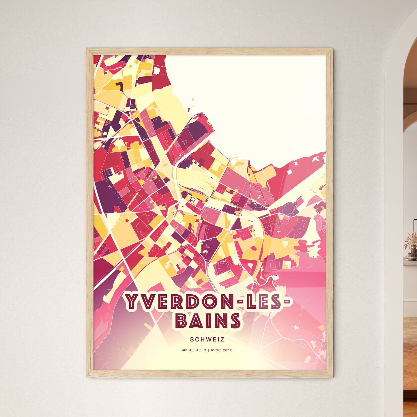 Colorful YVERDON-LES-BAINS SWITZERLAND Fine Art Map Hot Red