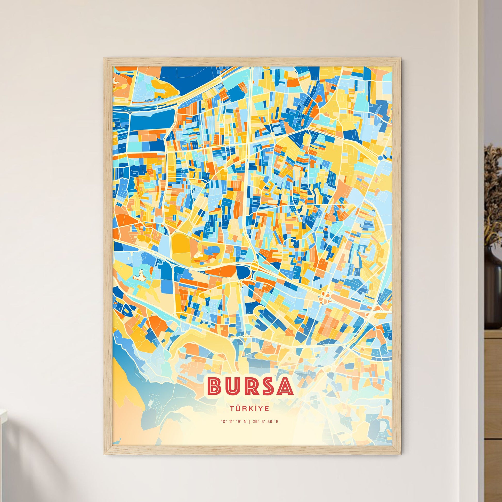Colorful Bursa Turkey Fine Art Map Blue Orange
