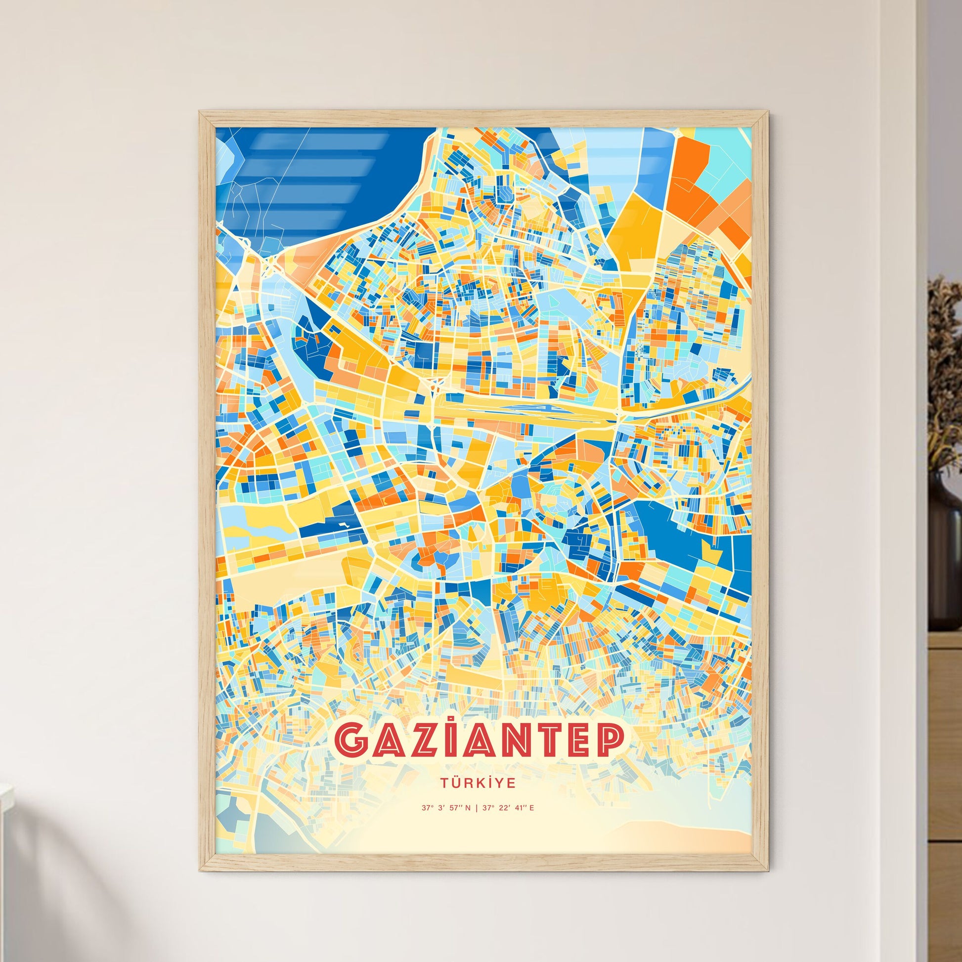 Colorful Gaziantep Turkey Fine Art Map Blue Orange