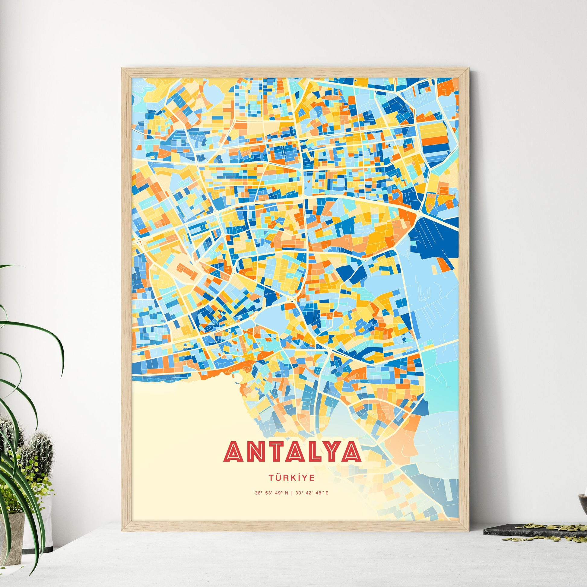 Colorful Antalya Turkey Fine Art Map Blue Orange