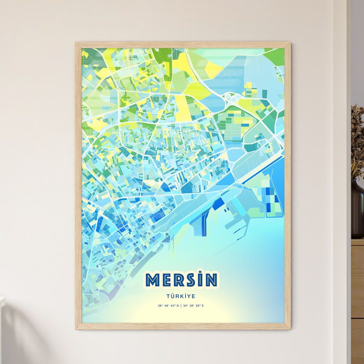 Colorful MERSIN TURKEY Fine Art Map Cool Blue