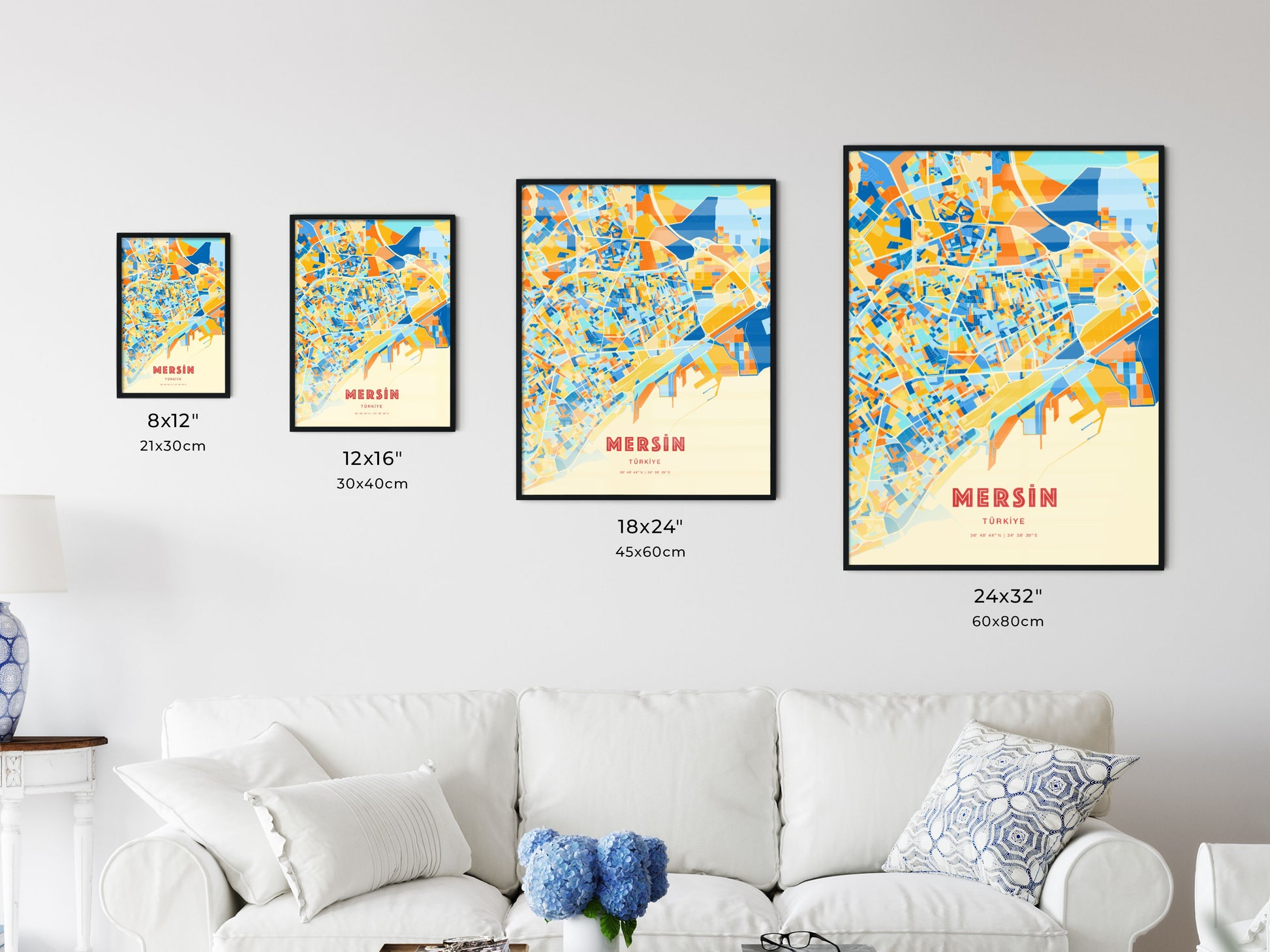 Colorful MERSIN TURKEY Fine Art Map Blue Orange