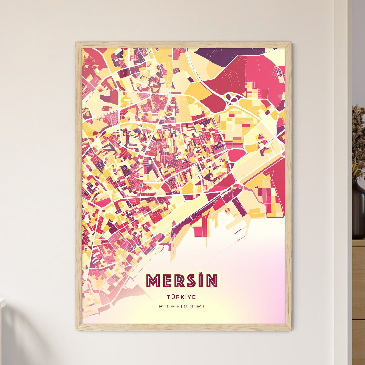 Colorful MERSIN TURKEY Fine Art Map Hot Red