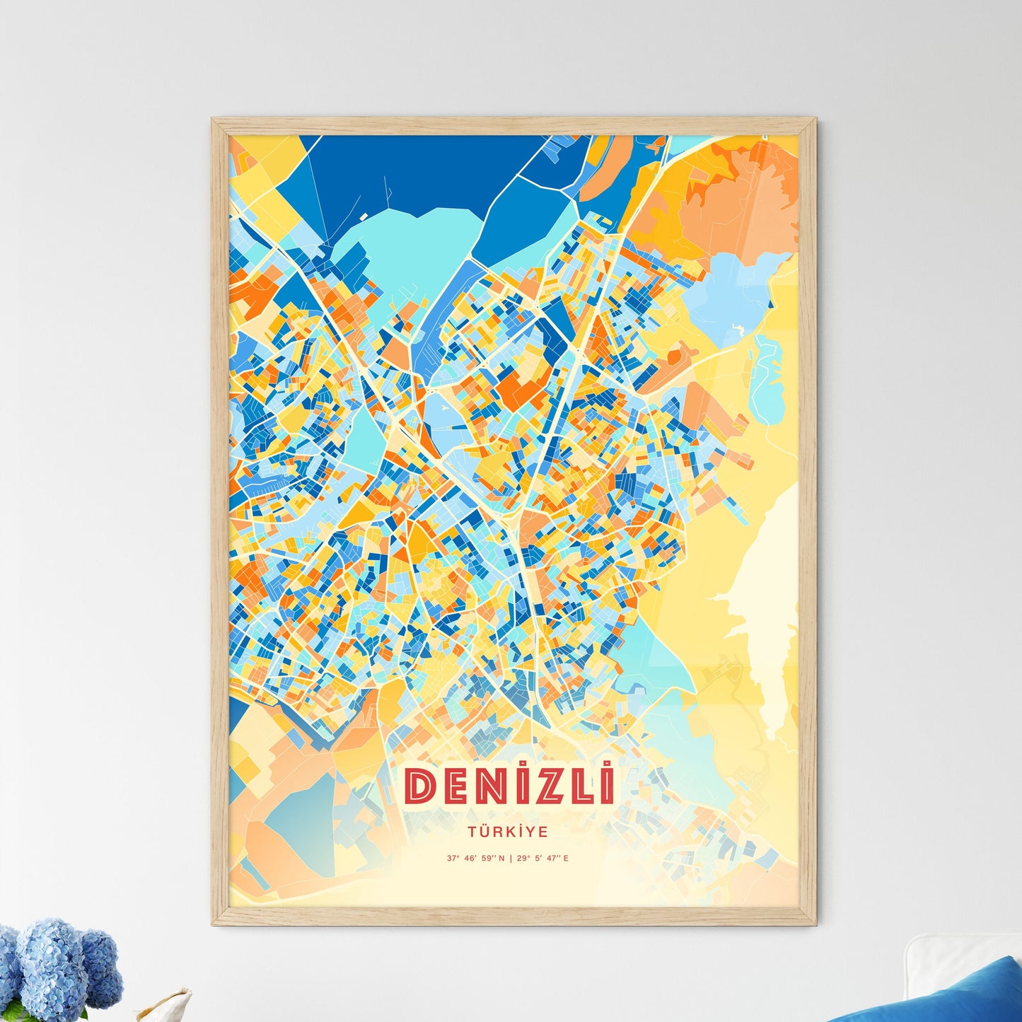 Colorful DENIZLI TURKEY Fine Art Map Blue Orange