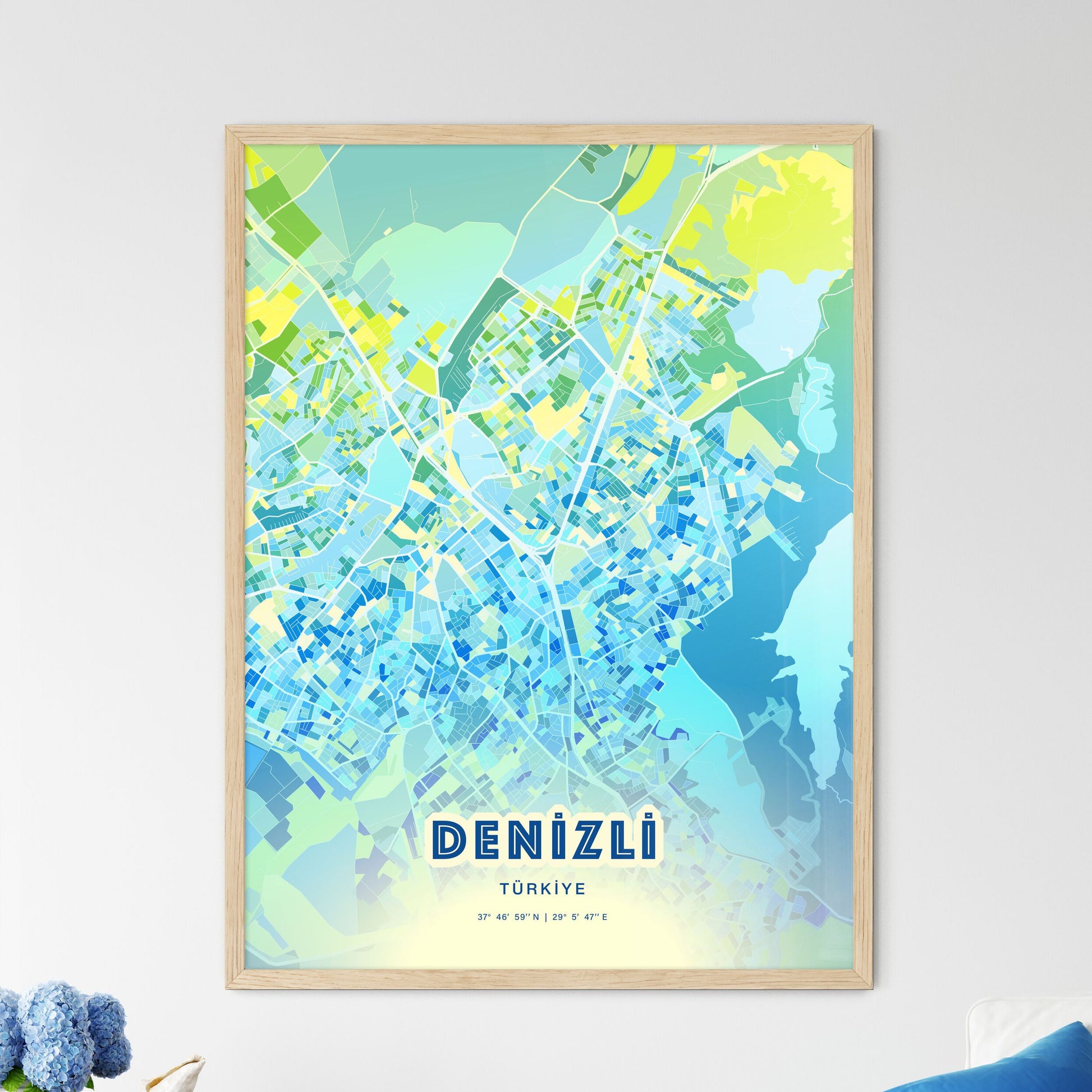 Colorful DENIZLI TURKEY Fine Art Map Cool Blue