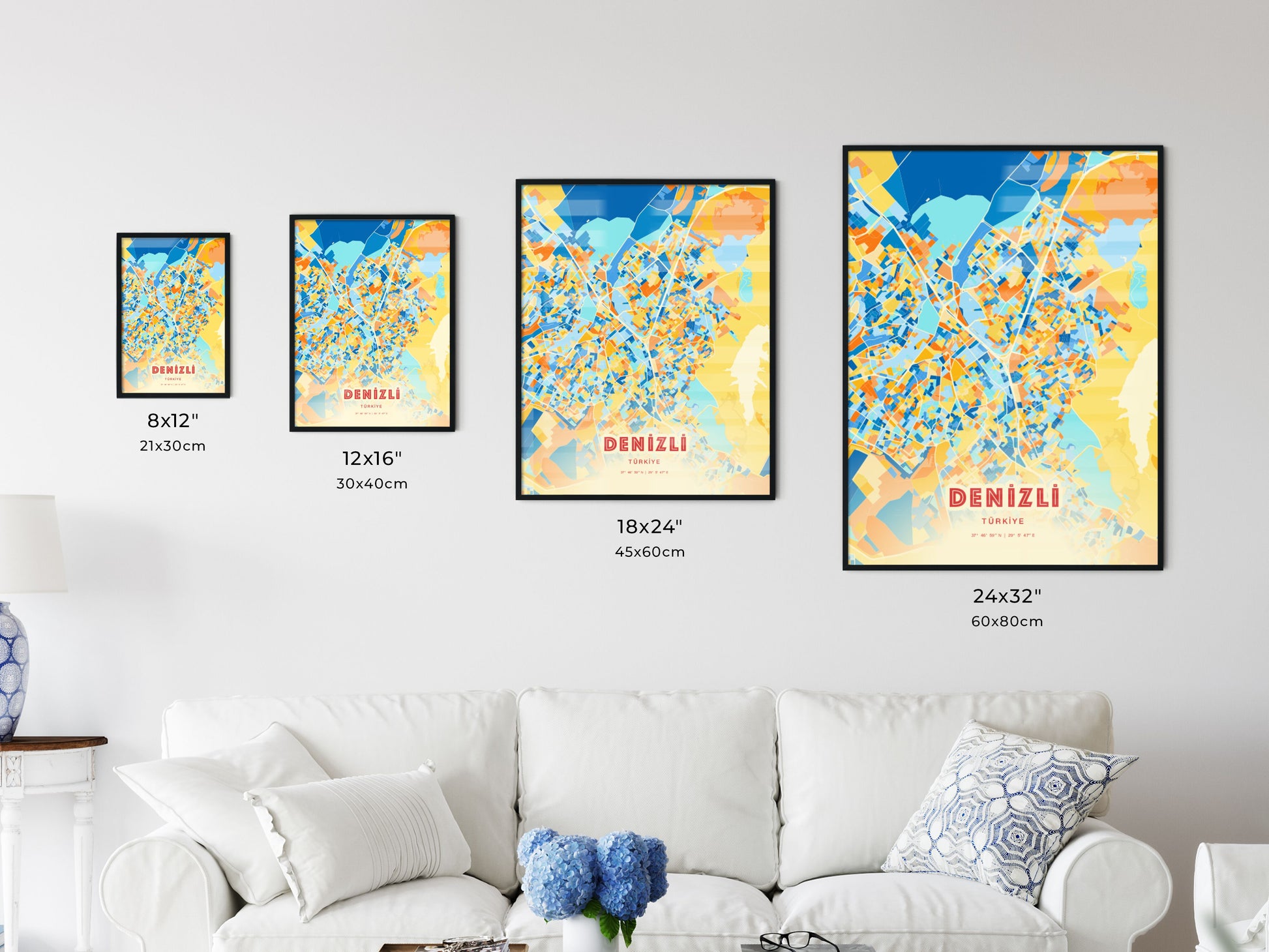 Colorful DENIZLI TURKEY Fine Art Map Blue Orange