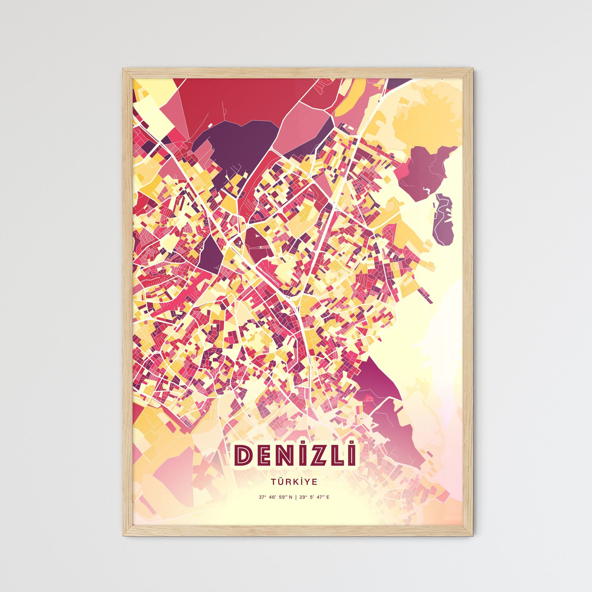 Colorful DENIZLI TURKEY Fine Art Map Hot Red