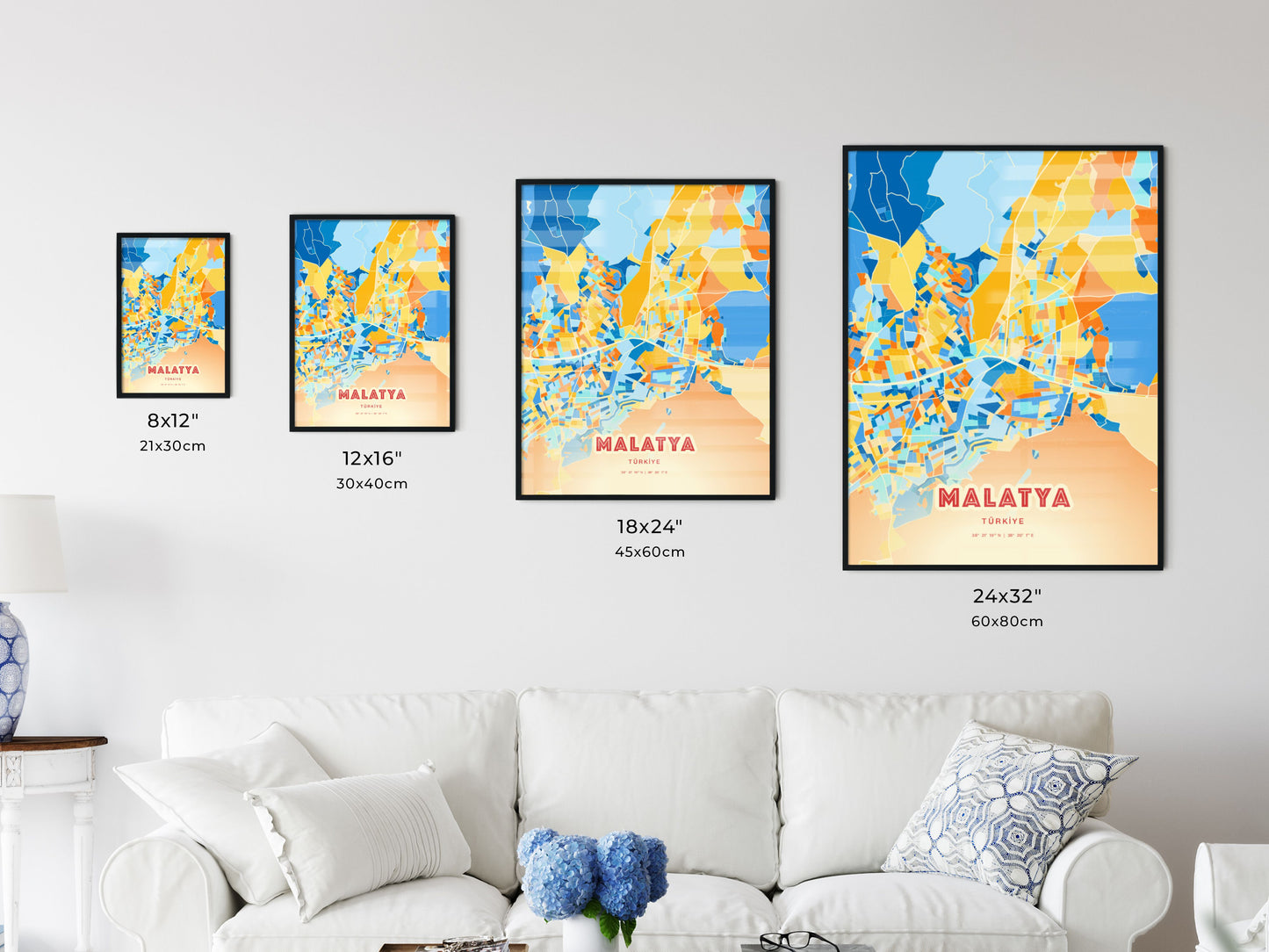 Colorful MALATYA TURKEY Fine Art Map Blue Orange