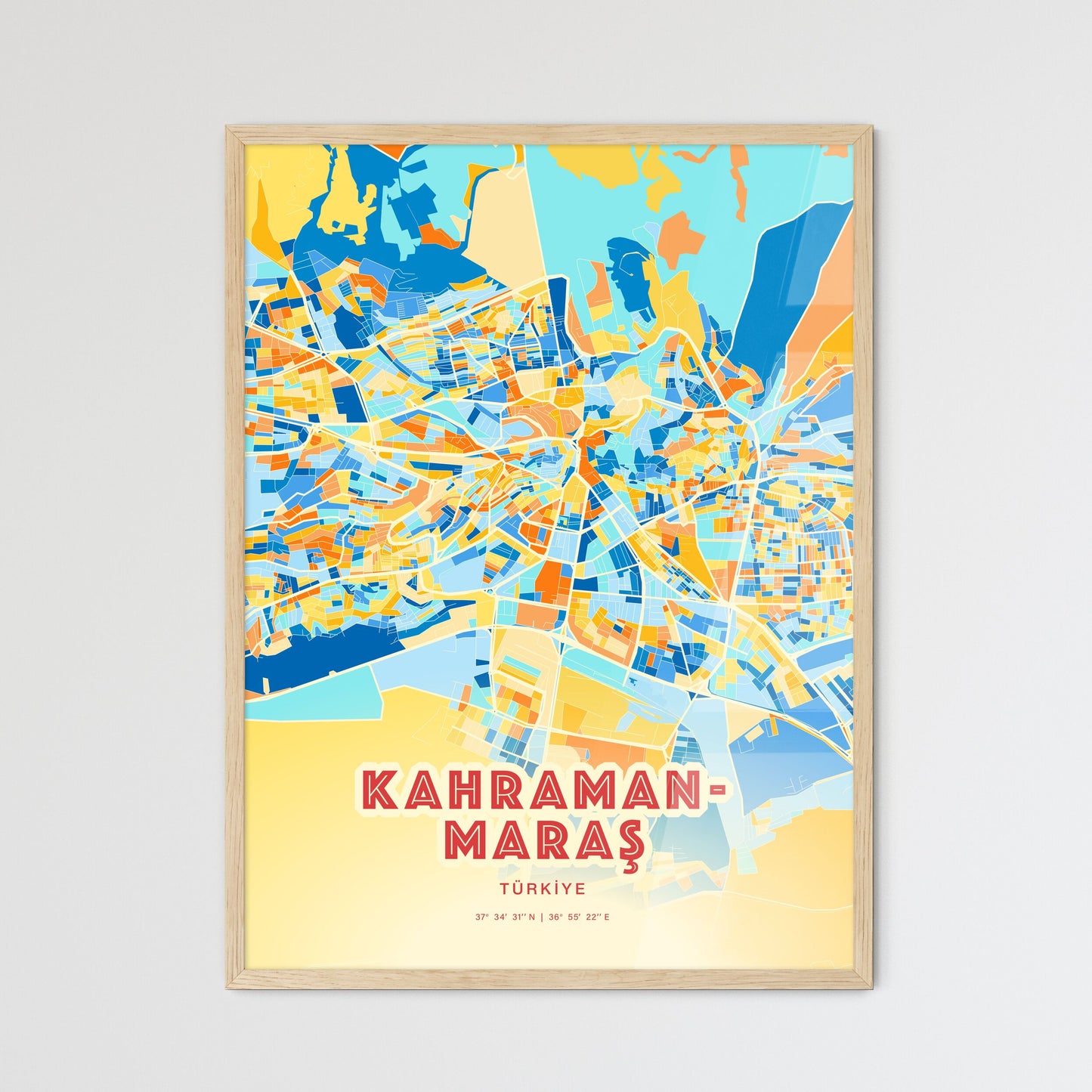 Colorful KAHRAMANMARAŞ TURKEY Fine Art Map Blue Orange