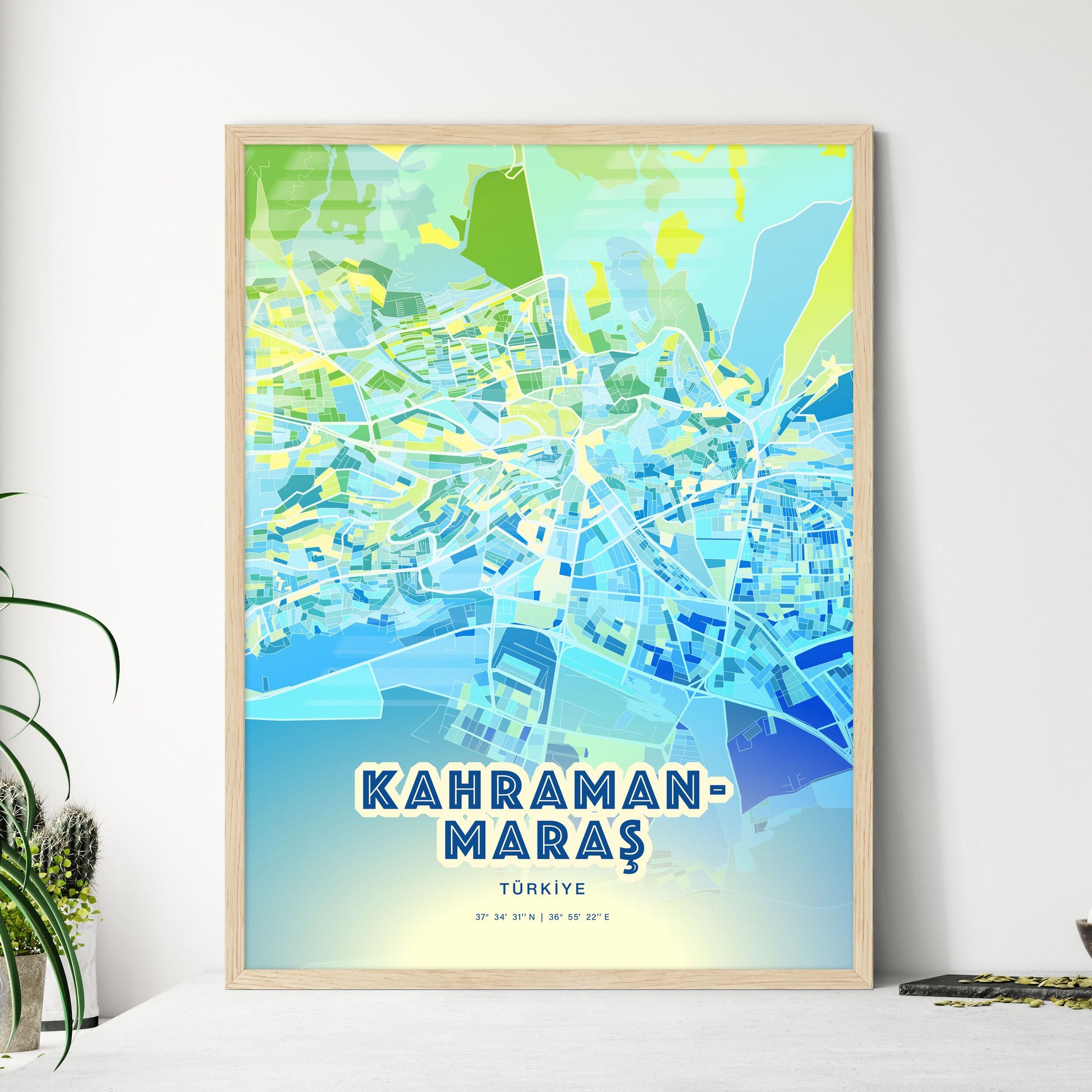 Colorful KAHRAMANMARAŞ TURKEY Fine Art Map Cool Blue