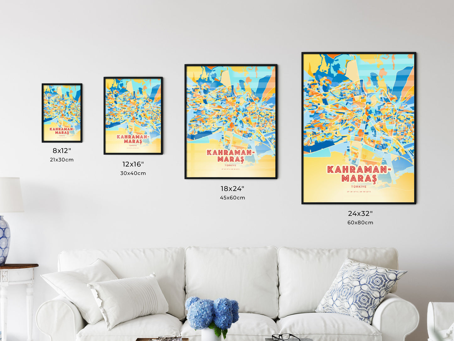 Colorful KAHRAMANMARAŞ TURKEY Fine Art Map Blue Orange