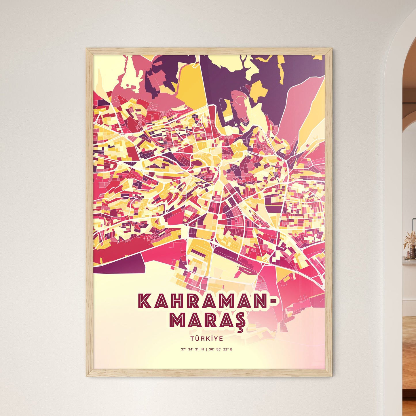 Colorful KAHRAMANMARAŞ TURKEY Fine Art Map Hot Red