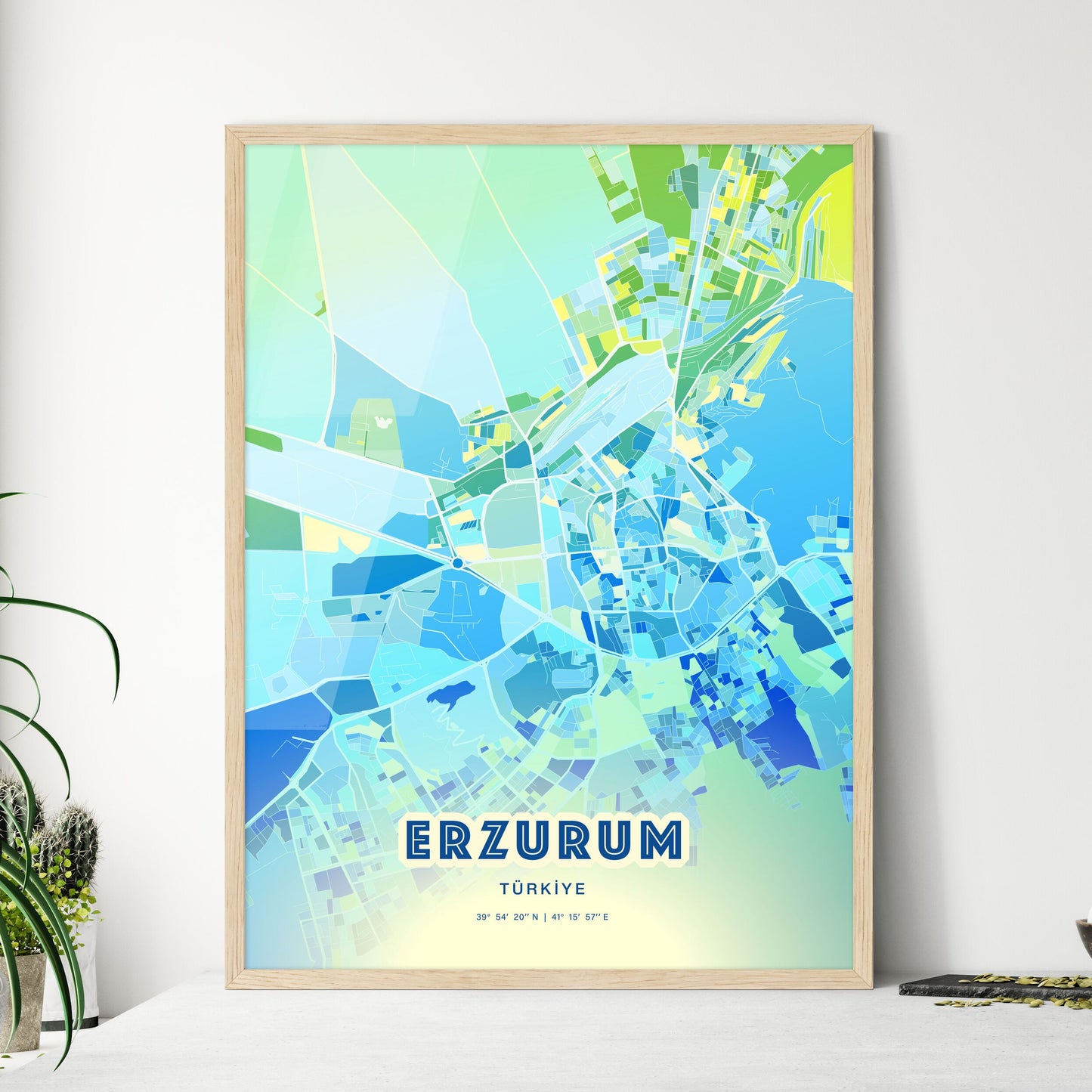 Colorful ERZURUM TURKEY Fine Art Map Cool Blue