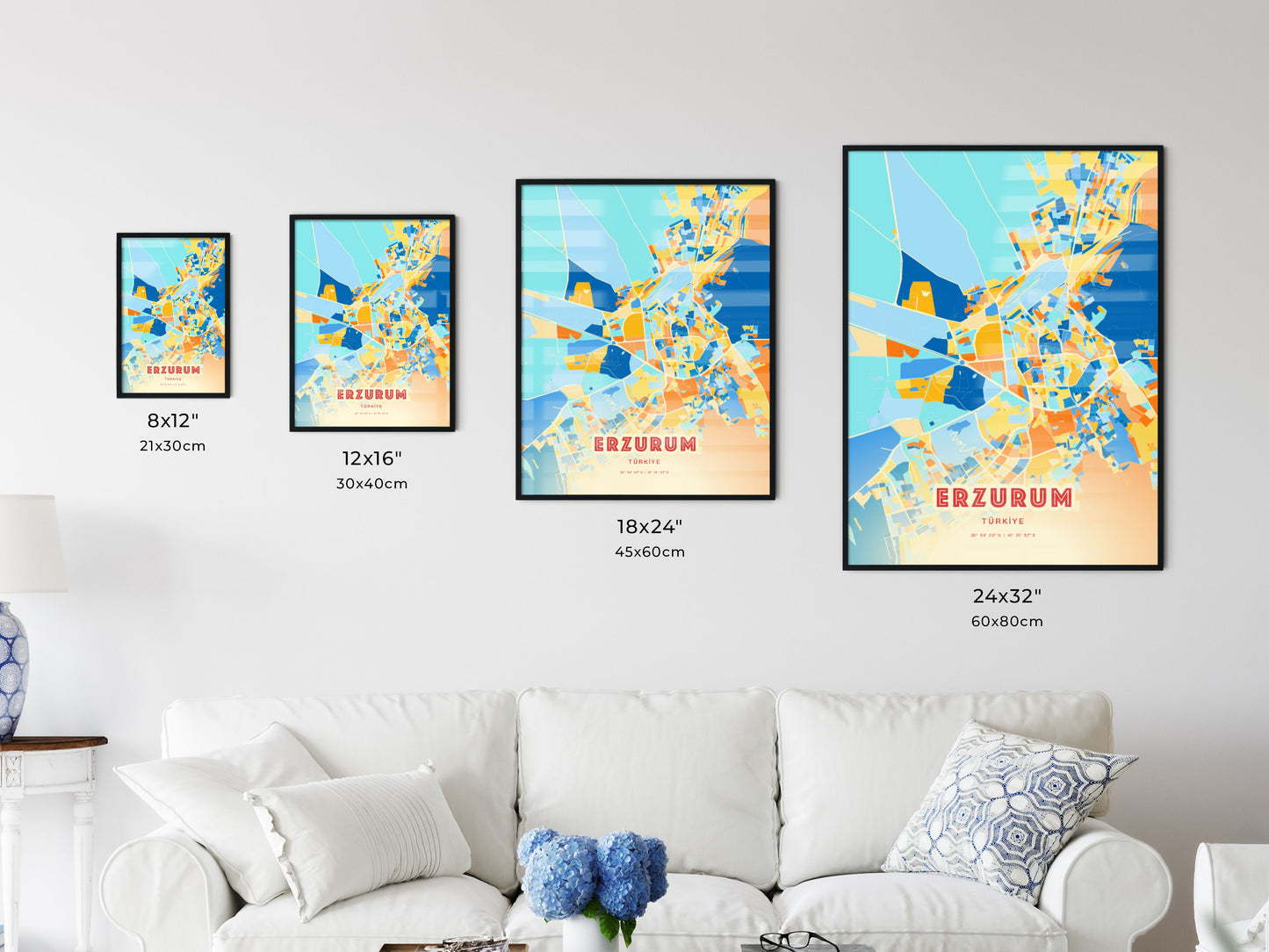 Colorful ERZURUM TURKEY Fine Art Map Blue Orange