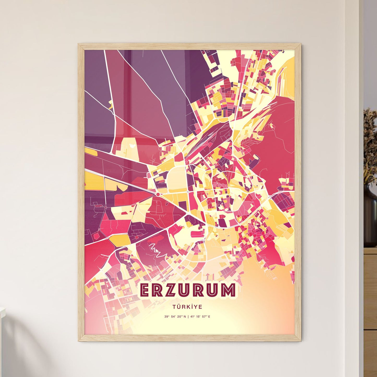 Colorful ERZURUM TURKEY Fine Art Map Hot Red