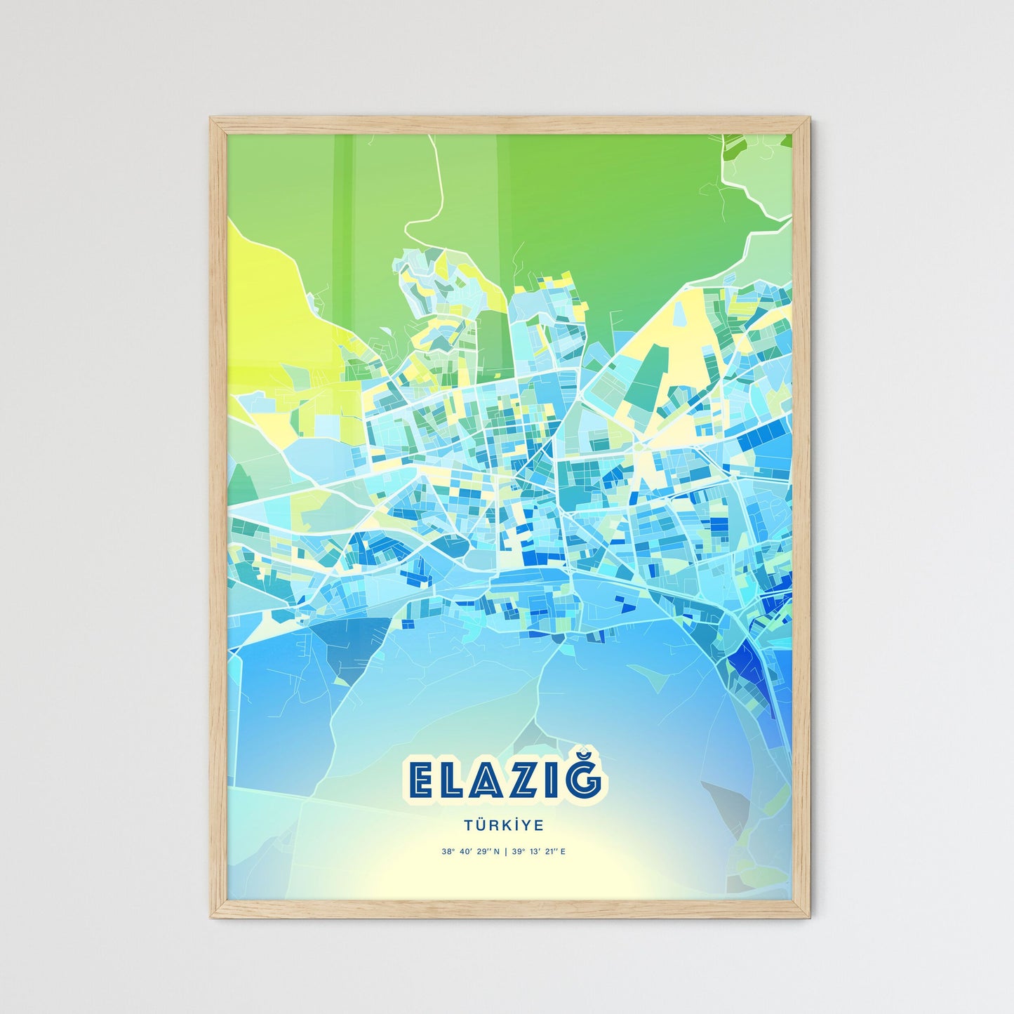 Colorful ELÂZIĞ TURKEY Fine Art Map Cool Blue