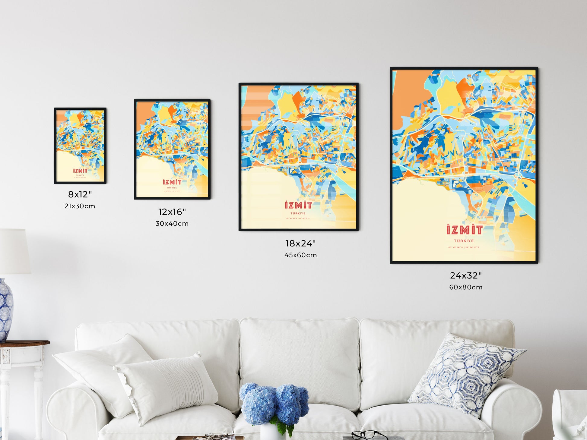 Colorful İZMIT TURKEY Fine Art Map Blue Orange