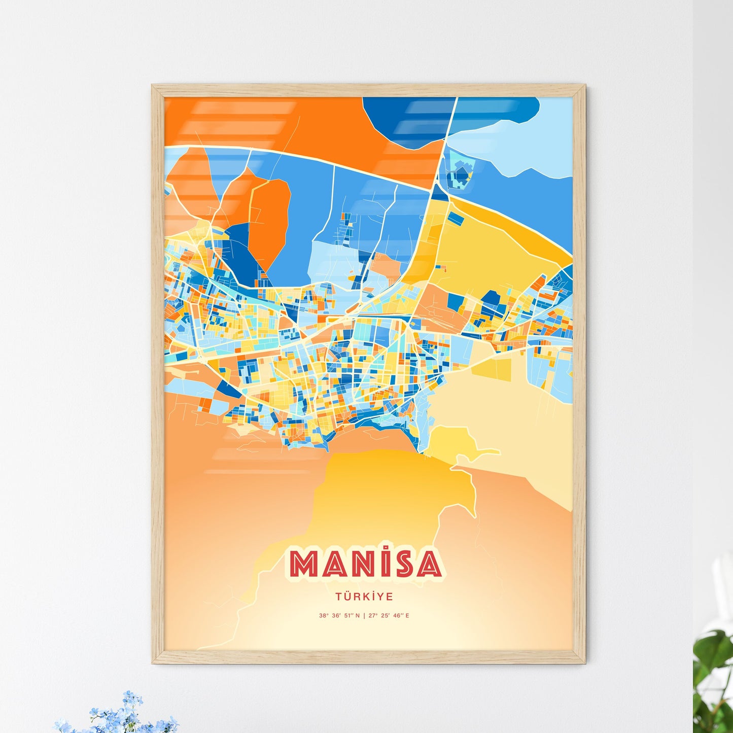 Colorful MANISA TURKEY Fine Art Map Blue Orange