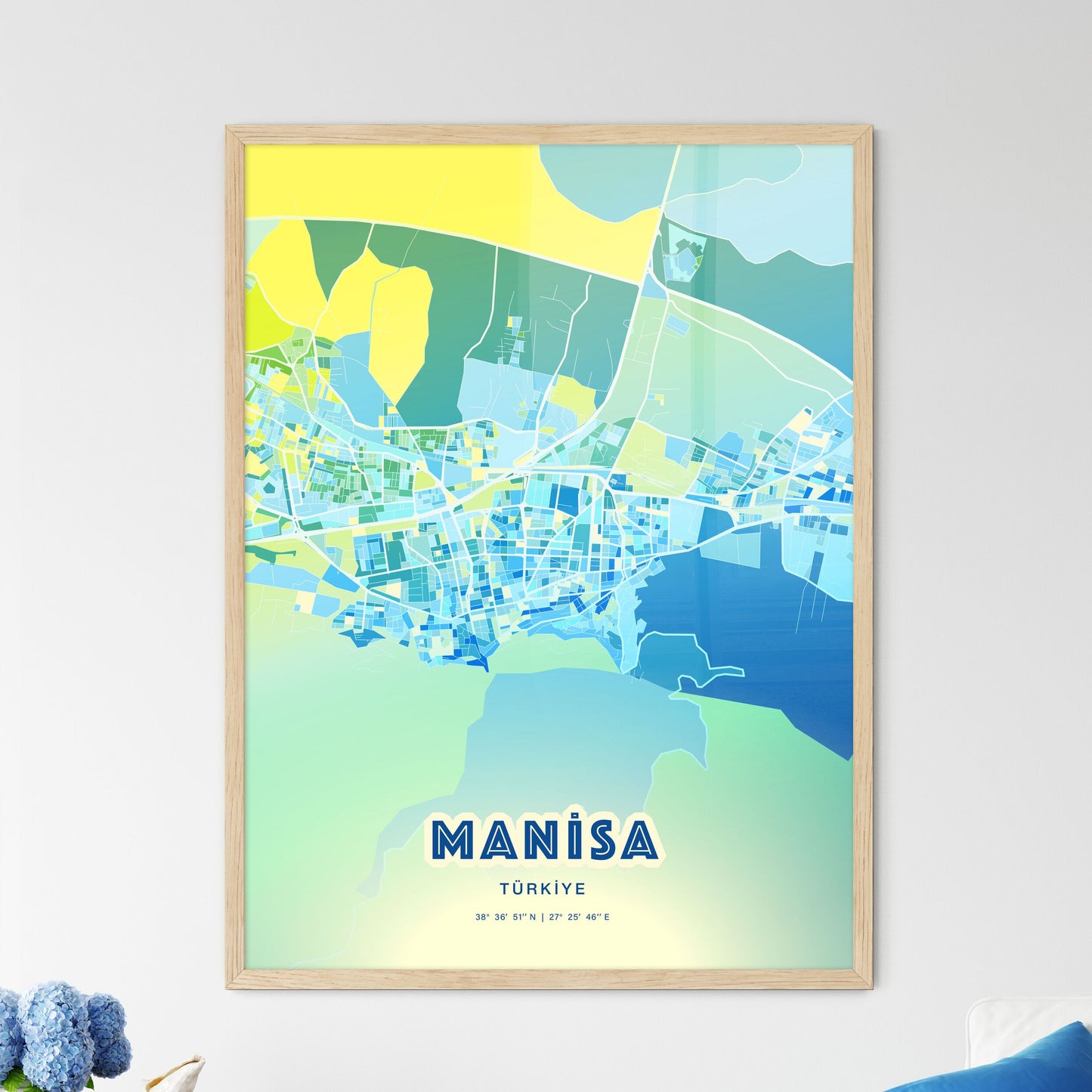 Colorful MANISA TURKEY Fine Art Map Cool Blue