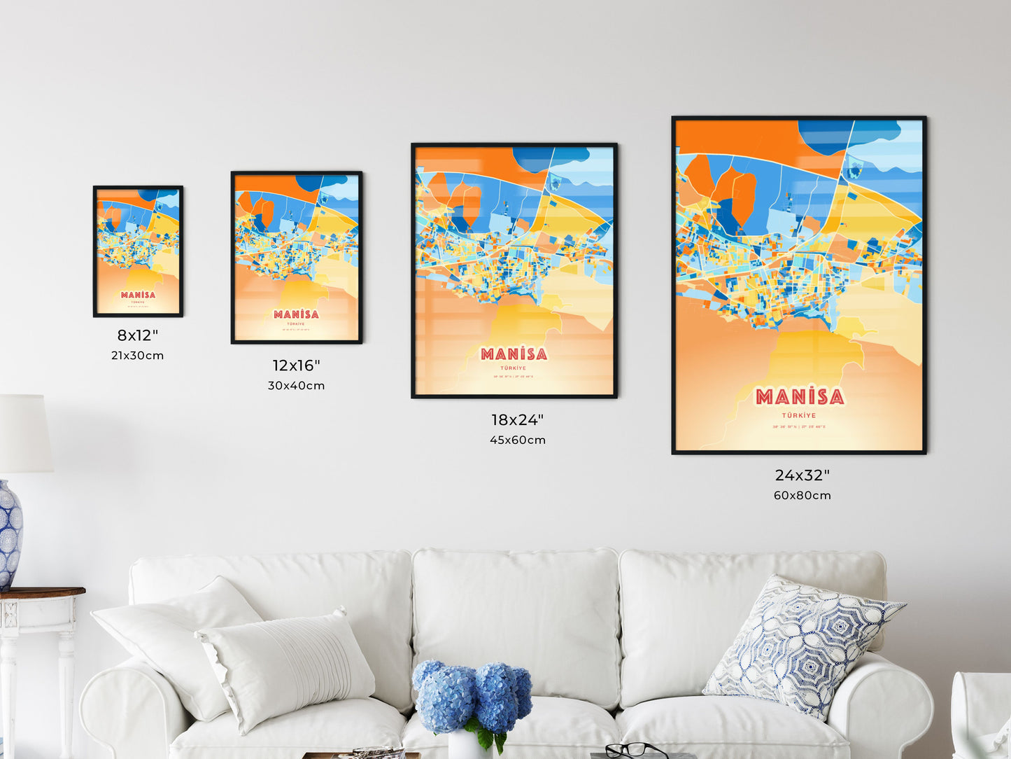 Colorful MANISA TURKEY Fine Art Map Blue Orange