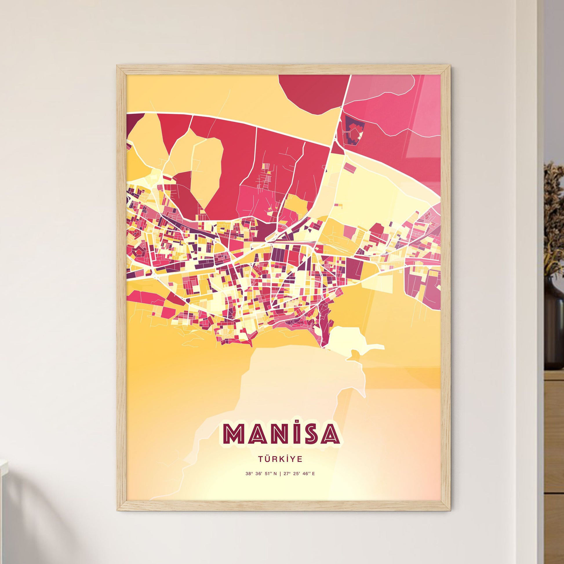 Colorful MANISA TURKEY Fine Art Map Hot Red