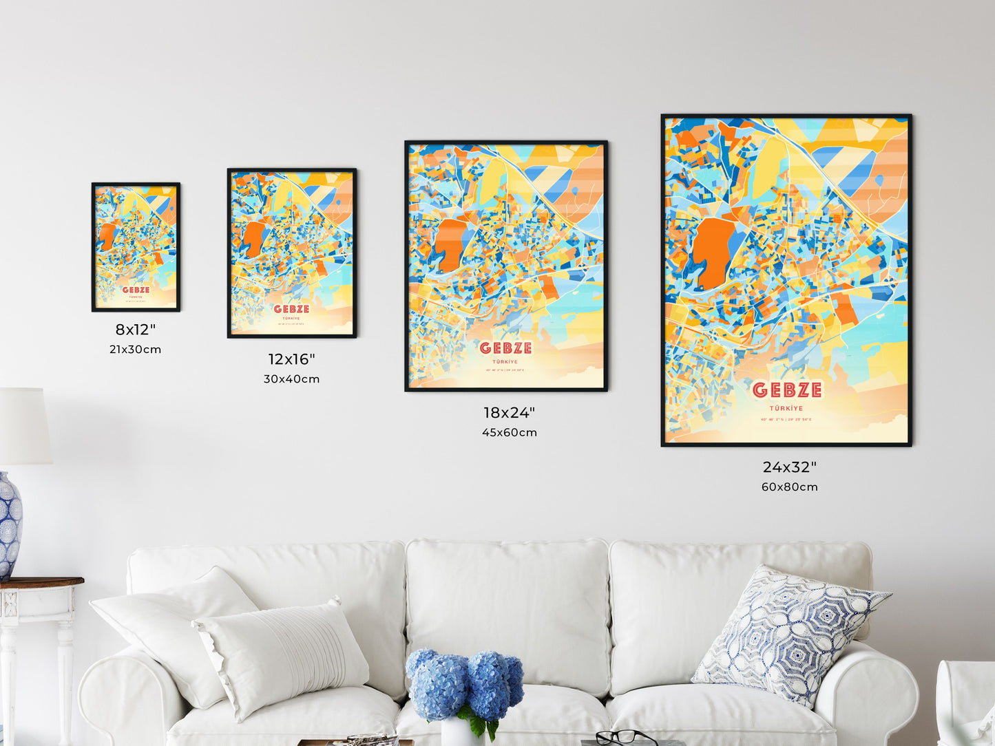 Colorful GEBZE TURKEY Fine Art Map Blue Orange