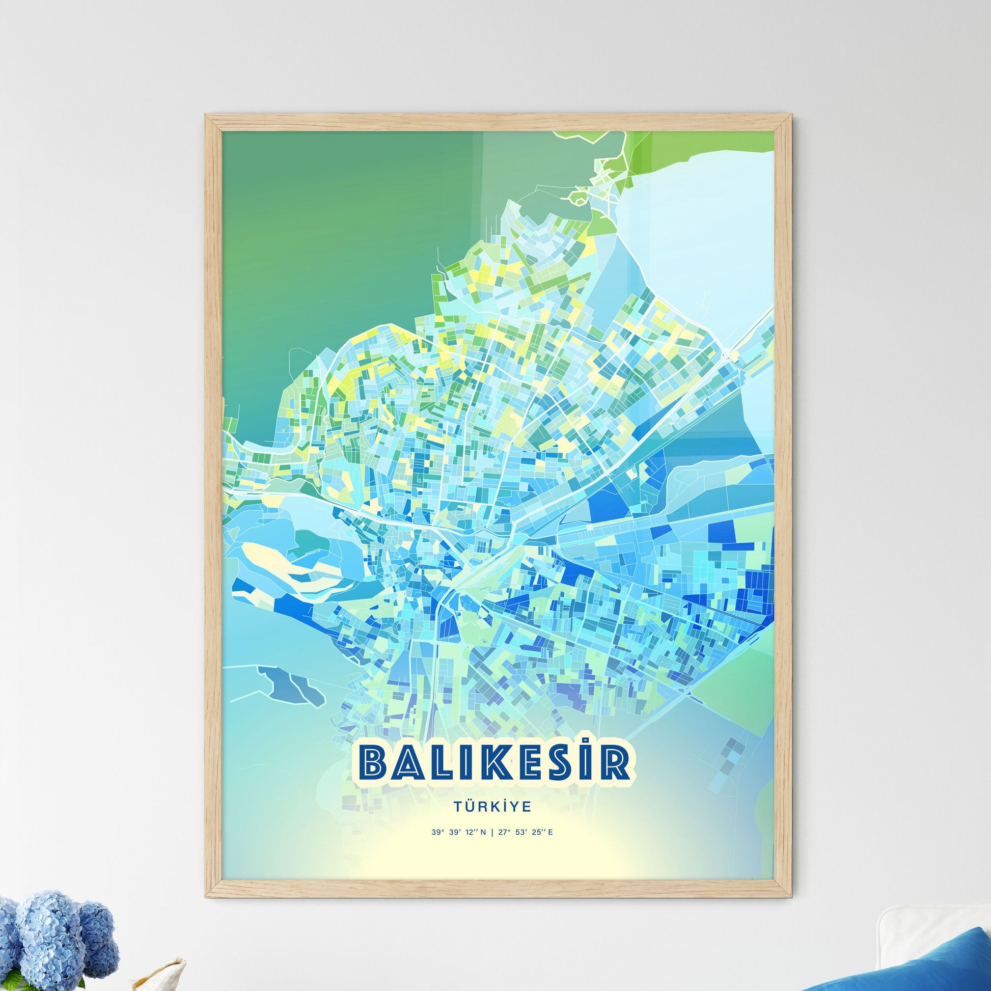 Colorful BALIKESIR TURKEY Fine Art Map Cool Blue