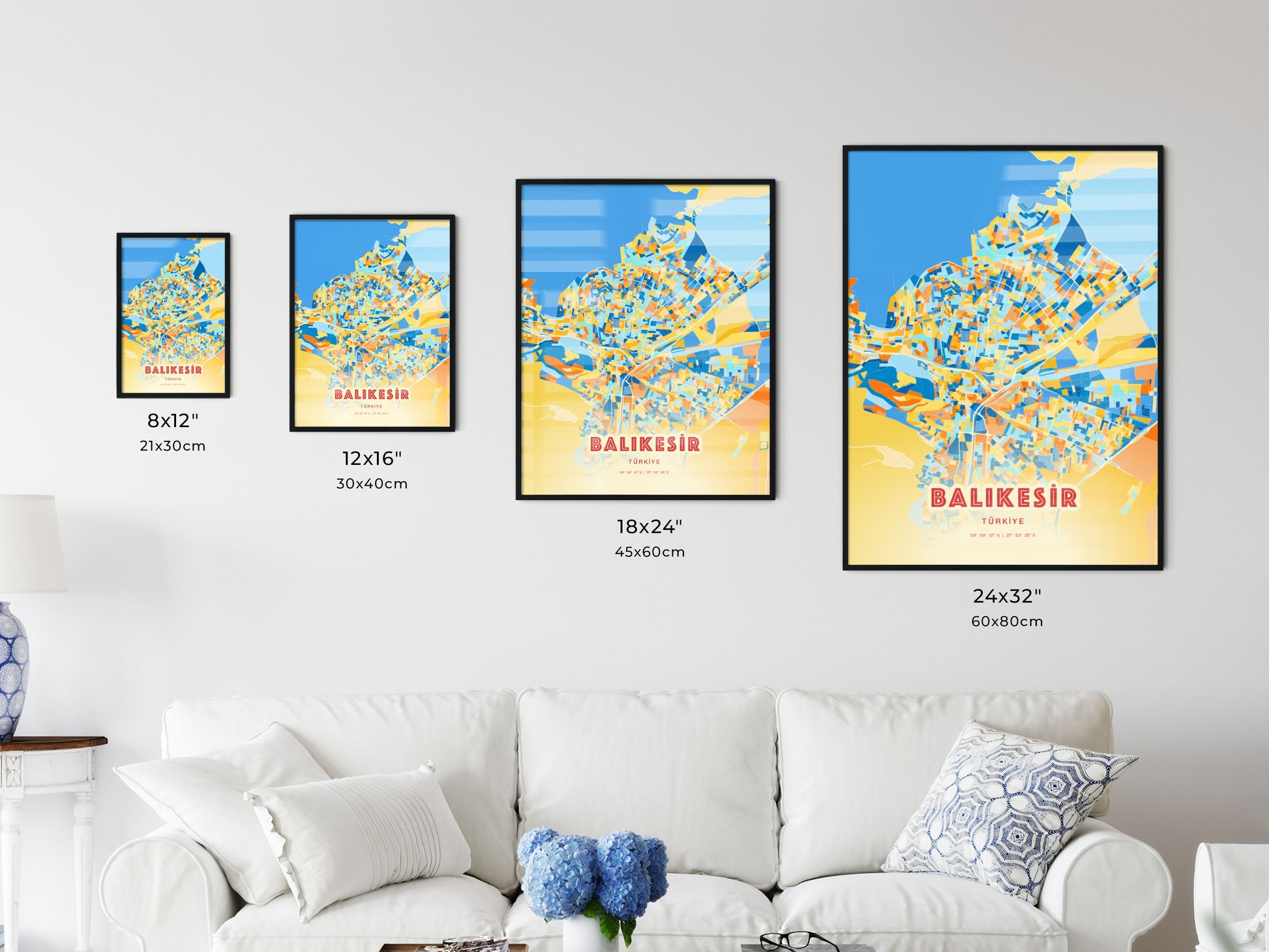 Colorful BALIKESIR TURKEY Fine Art Map Blue Orange