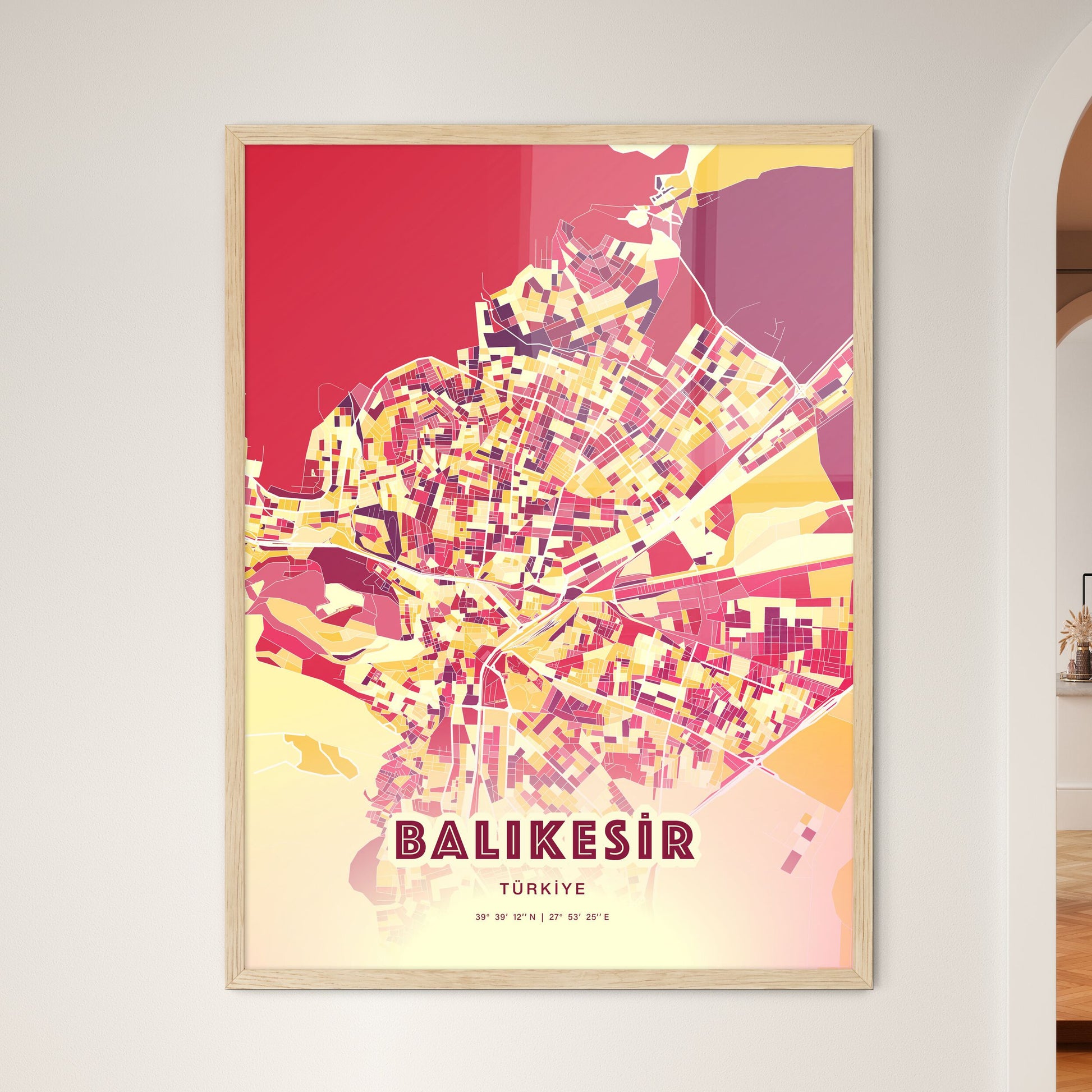 Colorful BALIKESIR TURKEY Fine Art Map Hot Red