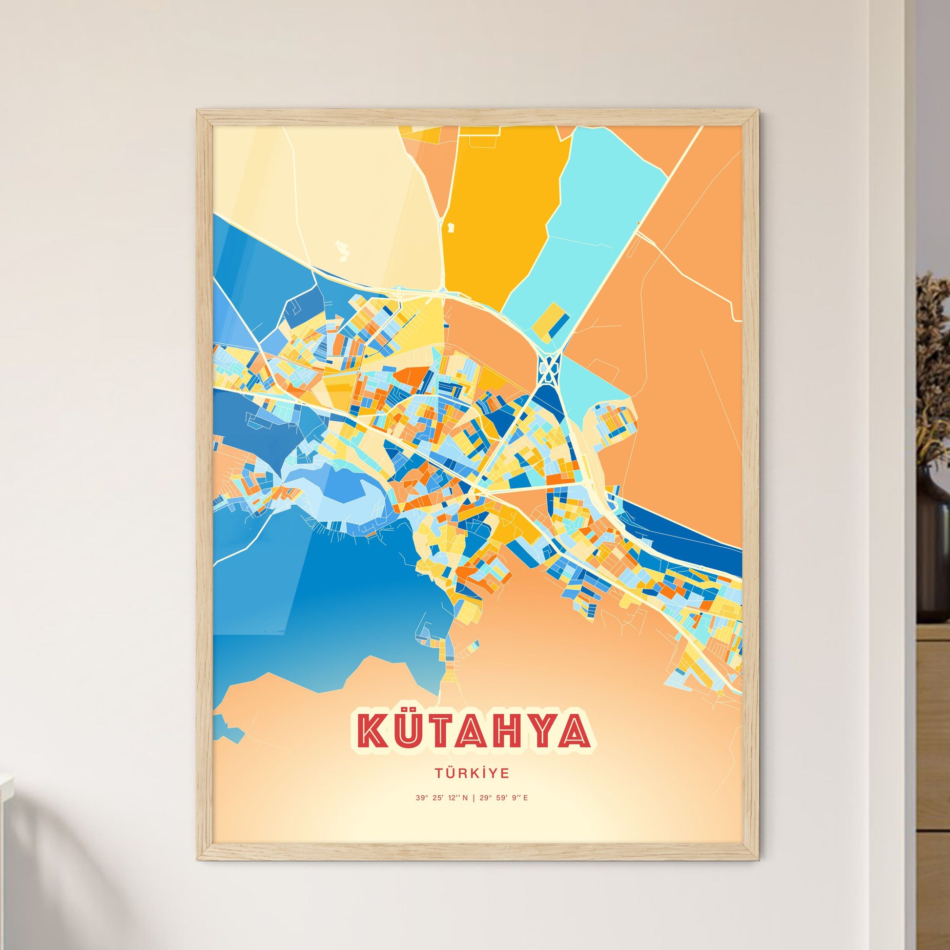 Colorful KÜTAHYA TURKEY Fine Art Map Blue Orange