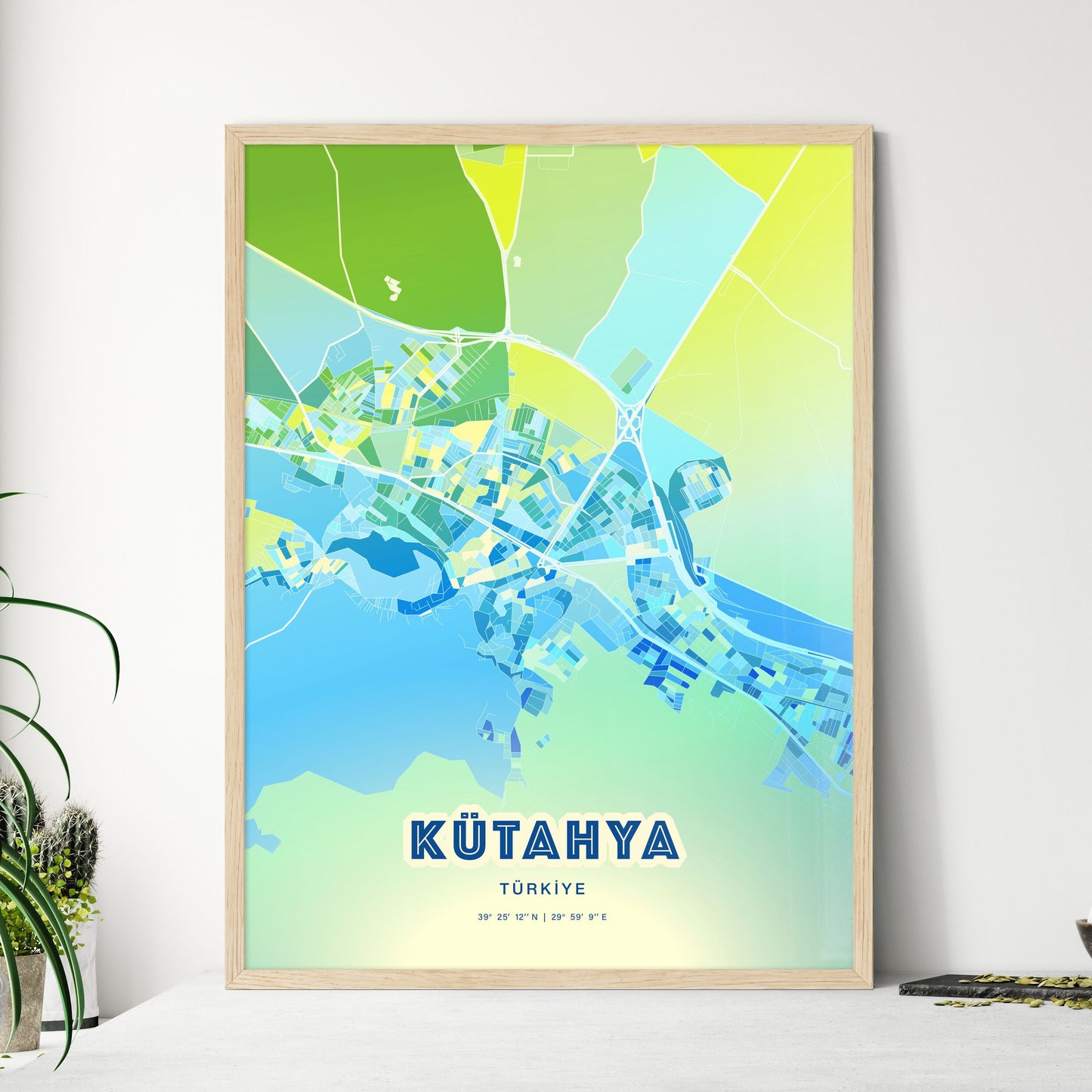 Colorful KÜTAHYA TURKEY Fine Art Map Cool Blue