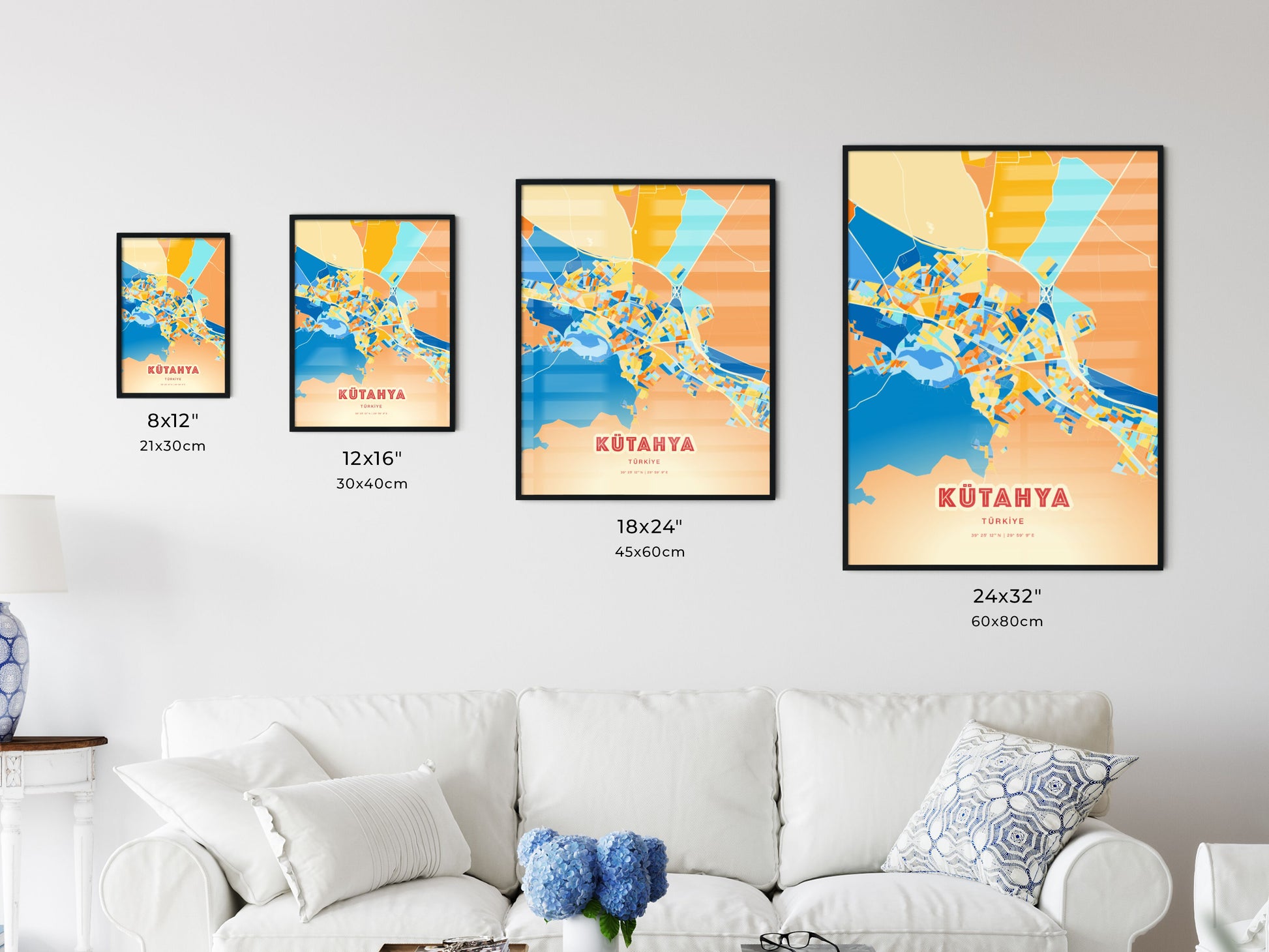 Colorful KÜTAHYA TURKEY Fine Art Map Blue Orange