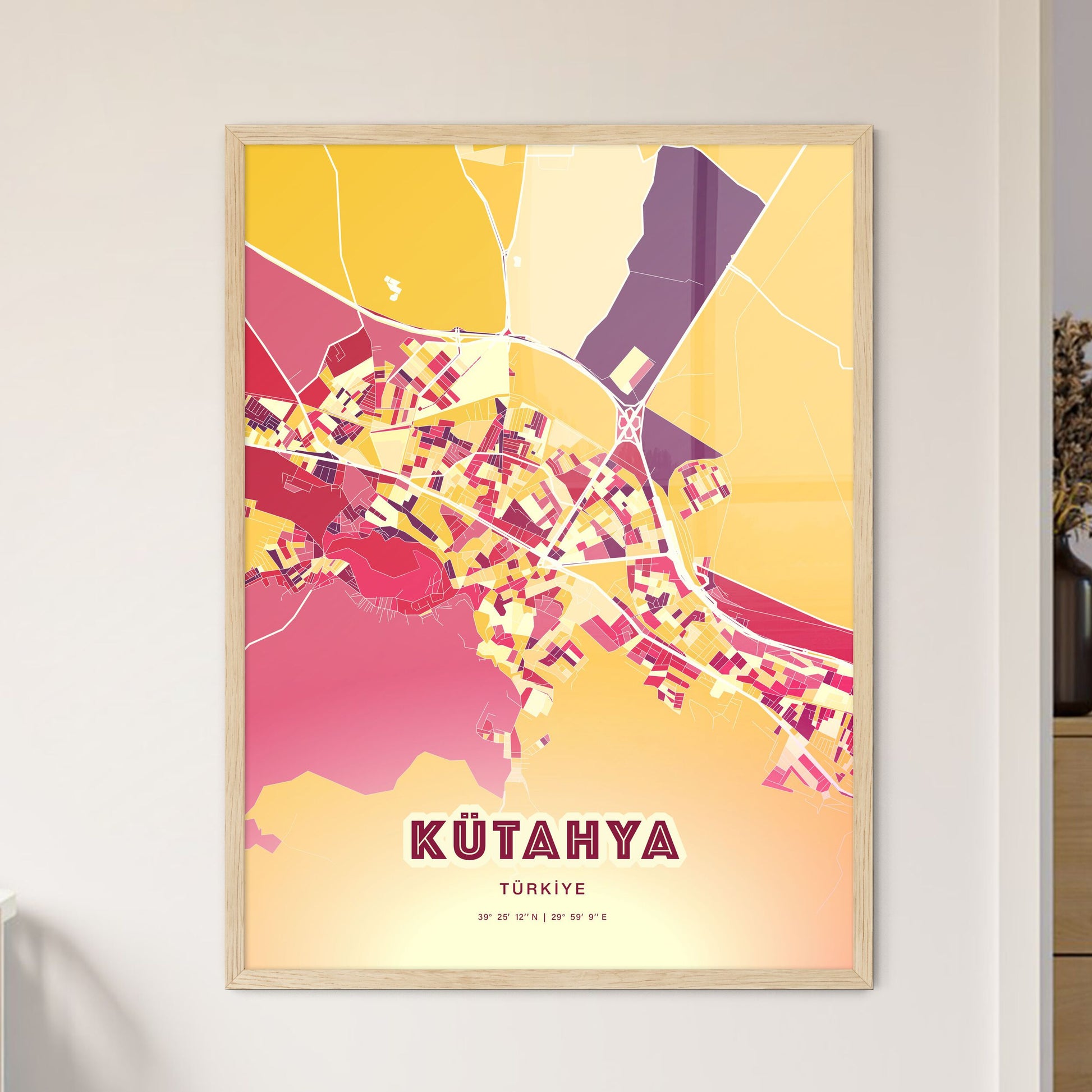 Colorful KÜTAHYA TURKEY Fine Art Map Hot Red