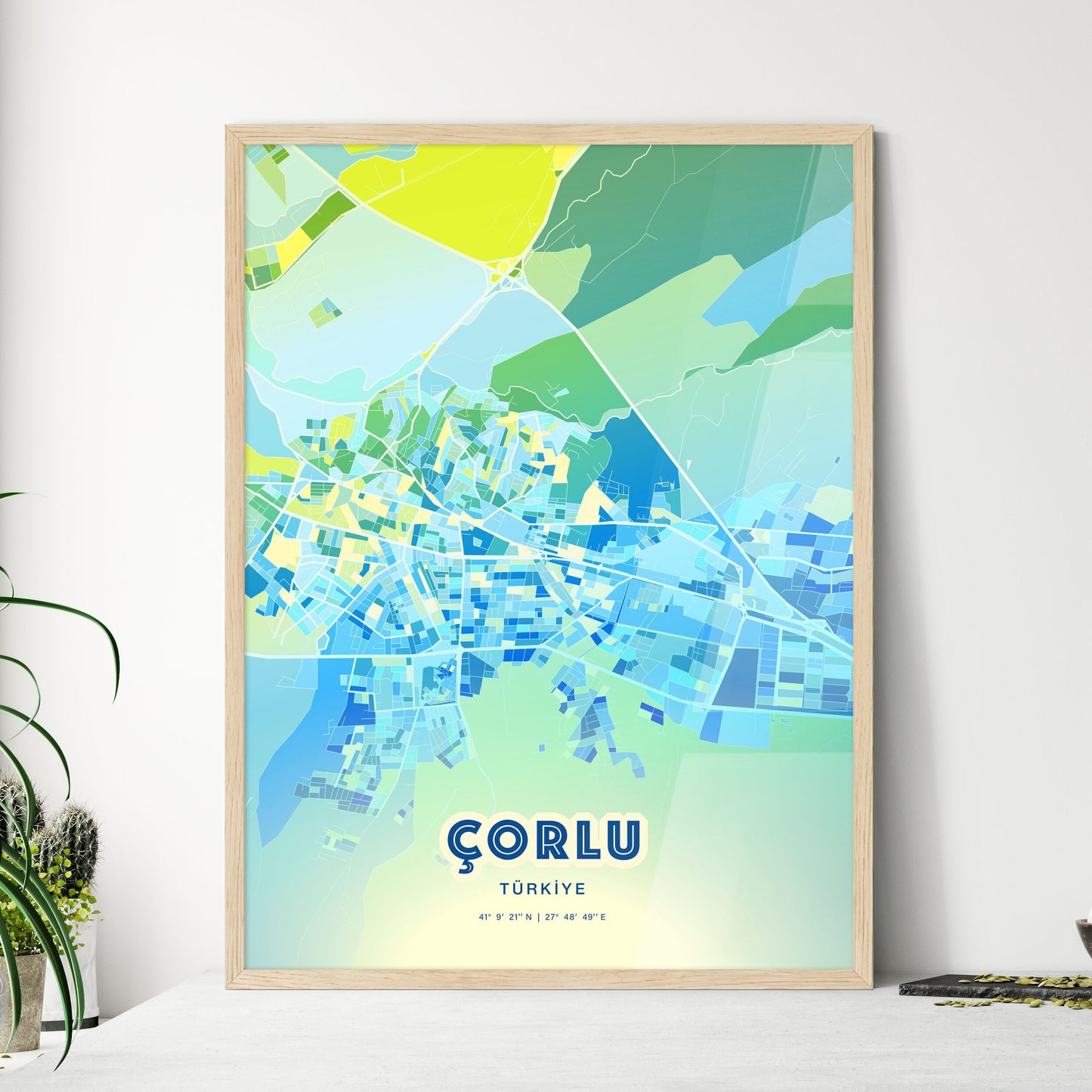 Colorful ÇORLU TURKEY Fine Art Map Cool Blue