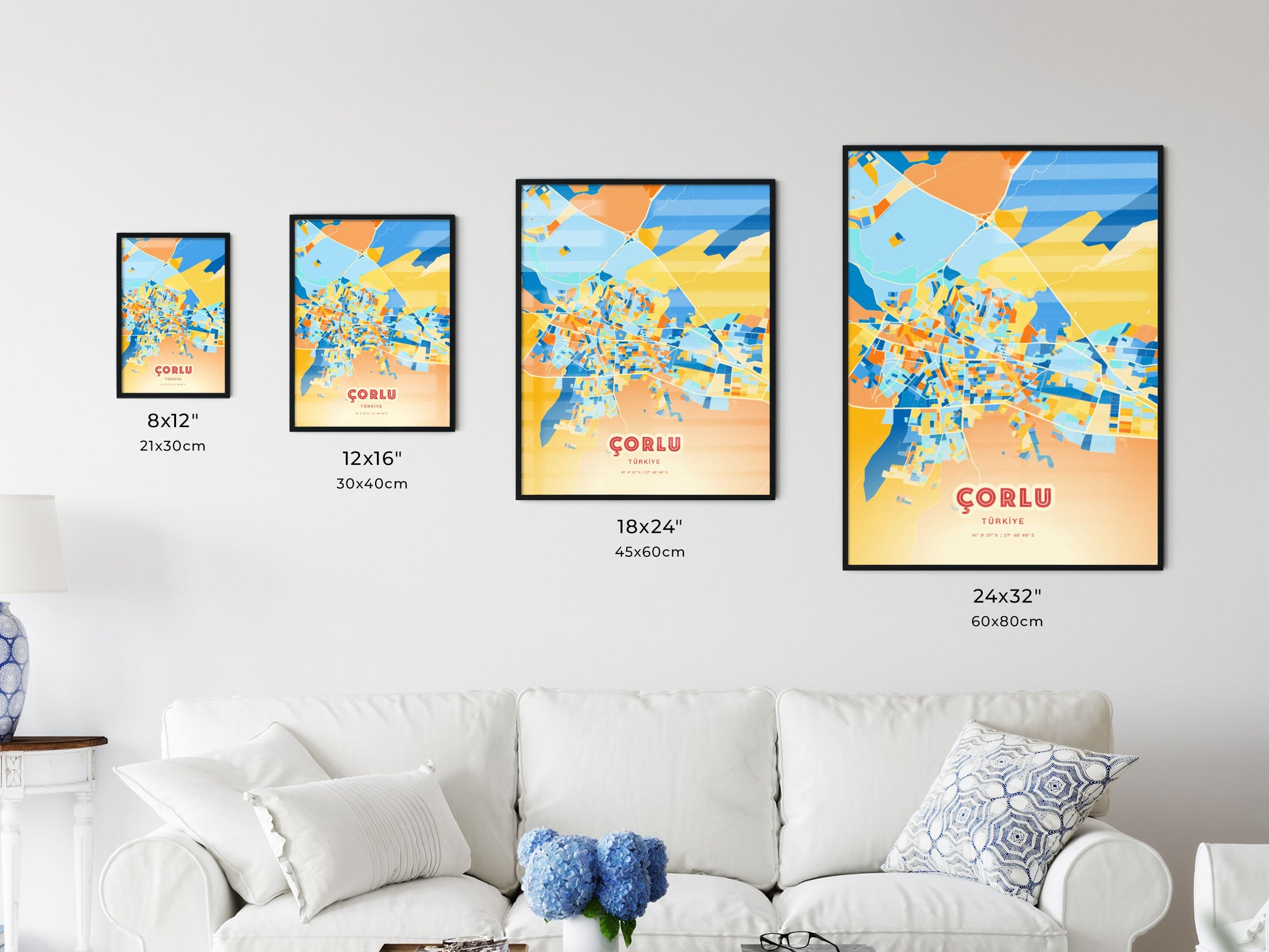 Colorful ÇORLU TURKEY Fine Art Map Blue Orange