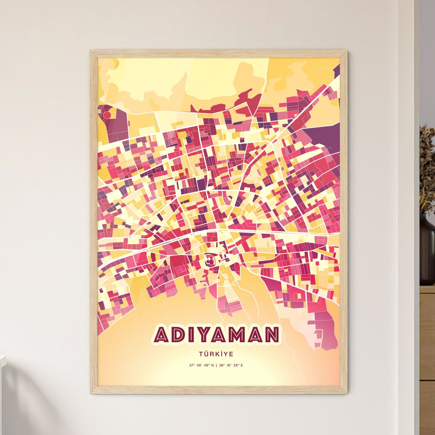 Colorful ADIYAMAN TURKEY Fine Art Map Hot Red